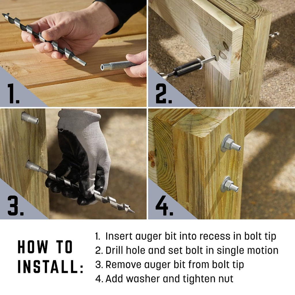 GRK Fasteners AugerBolt™ Through Bolt Fastening System, Galvanized Heavy-Duty Carriage Bolts, Rust & Corrosion Resistance for Post-to-Beam Connections, 24 Bolts with Drill Bit, Hex Nuts, & Washers