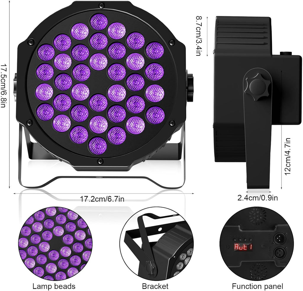 36LED Black Lights, U`King 72W UV Stage Lights Blacklight with Glow in The Dark Party Supplies by DMX and Remote Control for Halloween Stage Lighting (8 Packs)