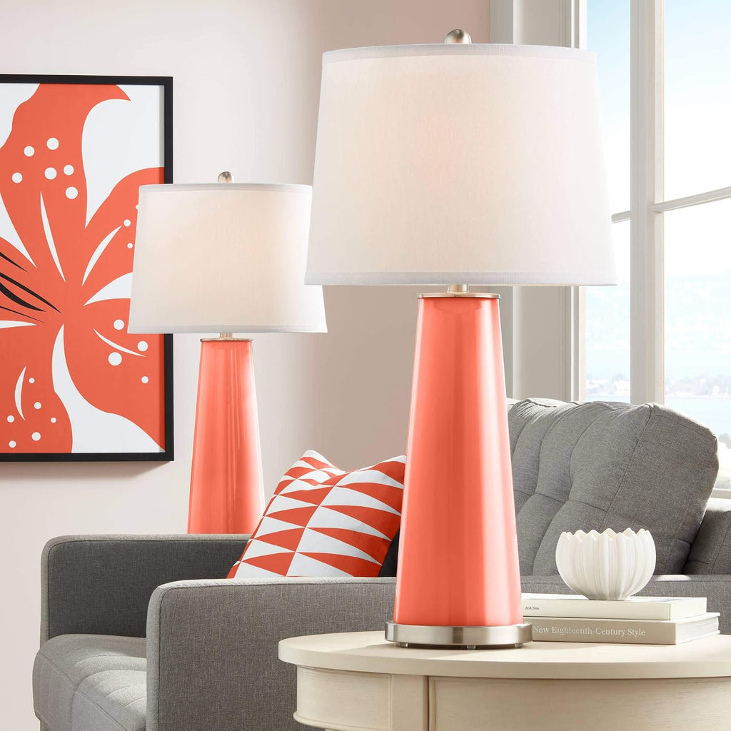 Color + Plus Leo Modern Table Lamps 29 1/2' Tall Set of 2 Daring Orange Glass Tapered Column Plain White Drum Shade Decor for Bedroom Living Room House Home Bedside Nightstand Office Family