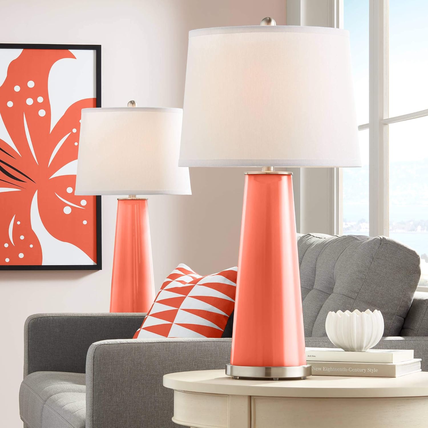 Color + Plus Leo Modern Table Lamps 29 1/2' Tall Set of 2 Daring Orange Glass Tapered Column Plain White Drum Shade Decor for Bedroom Living Room House Home Bedside Nightstand Office Family
