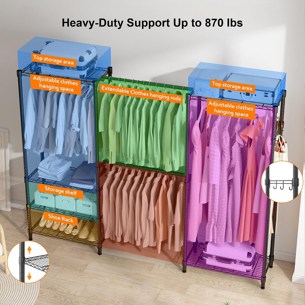 BATHWA Heavy Duty Clothes Rack Freestanding Closet for 68.9 to 90.2' Space | Expandable Clothing Storage, Adjustable 6 Shelves, 4 Hanging Rods, Massive Capacity 870 lbs, Black Metal Wardrobe