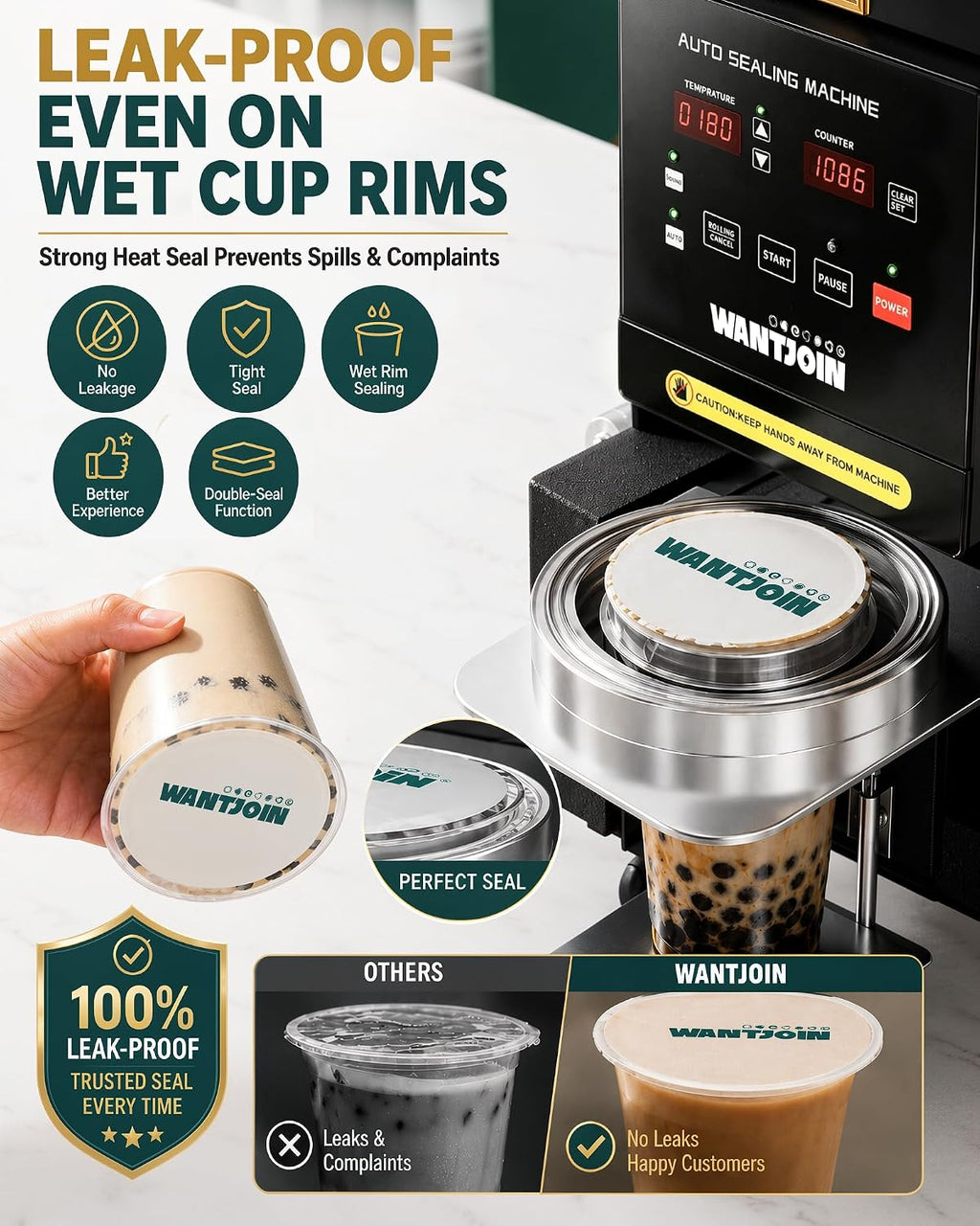 WantJoin Cup Sealing Machine Full Automatic Cup Sealer Machine 90/95mm Electric Cup Sealing Machine 500-600 Cups/H Digital Control LCD Panel Cup Sealer for Bubble Milk Tea Coffee Black