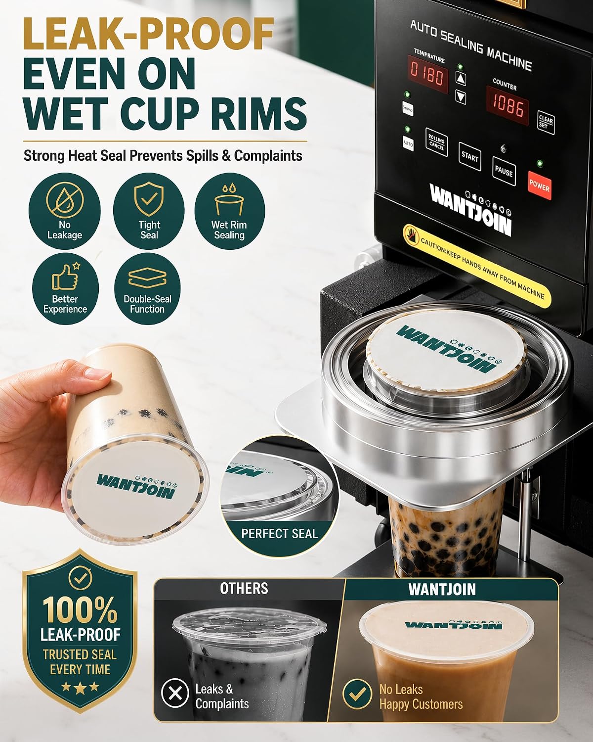 WantJoin Cup Sealing Machine Full Automatic Cup Sealer Machine 90/95mm Electric Cup Sealing Machine 500-600 Cups/H Digital Control LCD Panel Cup Sealer for Bubble Milk Tea Coffee Black