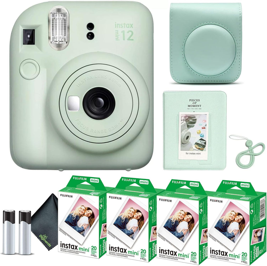 Fujifilm Instax Mini 12 Instant Camera Mint Green Bundle with Fuji Instax Mini Film Value Pack (80 Sheets) + Protective Carrying Case + Photo Album + Microfiber Cleaning Cloth