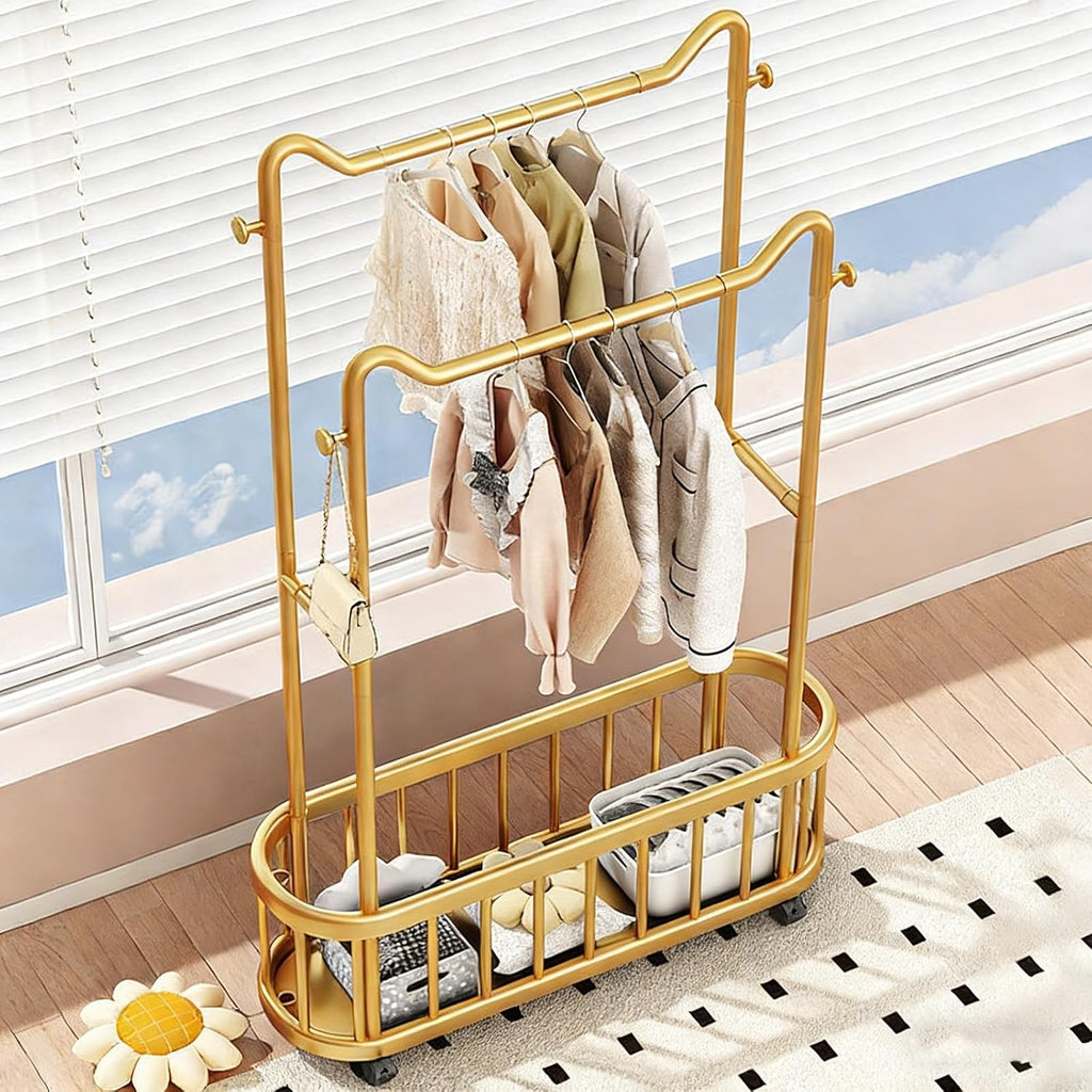 Gold clothes rack with Storage Shelf & Wheels – Double Rod Freestanding Garment Rack with Hooks，Portable Coat storage rack for Bedroom, Living Room(80cm/31.5in)