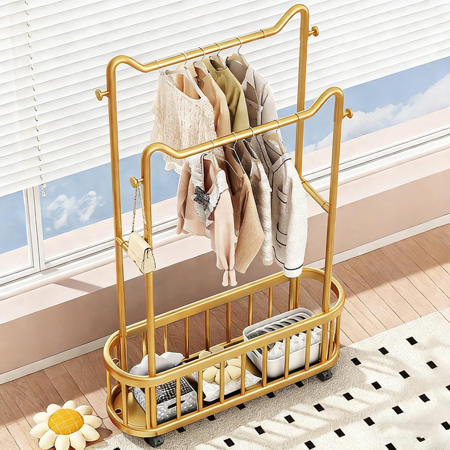 Gold clothes rack with Storage Shelf & Wheels – Double Rod Freestanding Garment Rack with Hooks，Portable Coat storage rack for Bedroom, Living Room(80cm/31.5in)