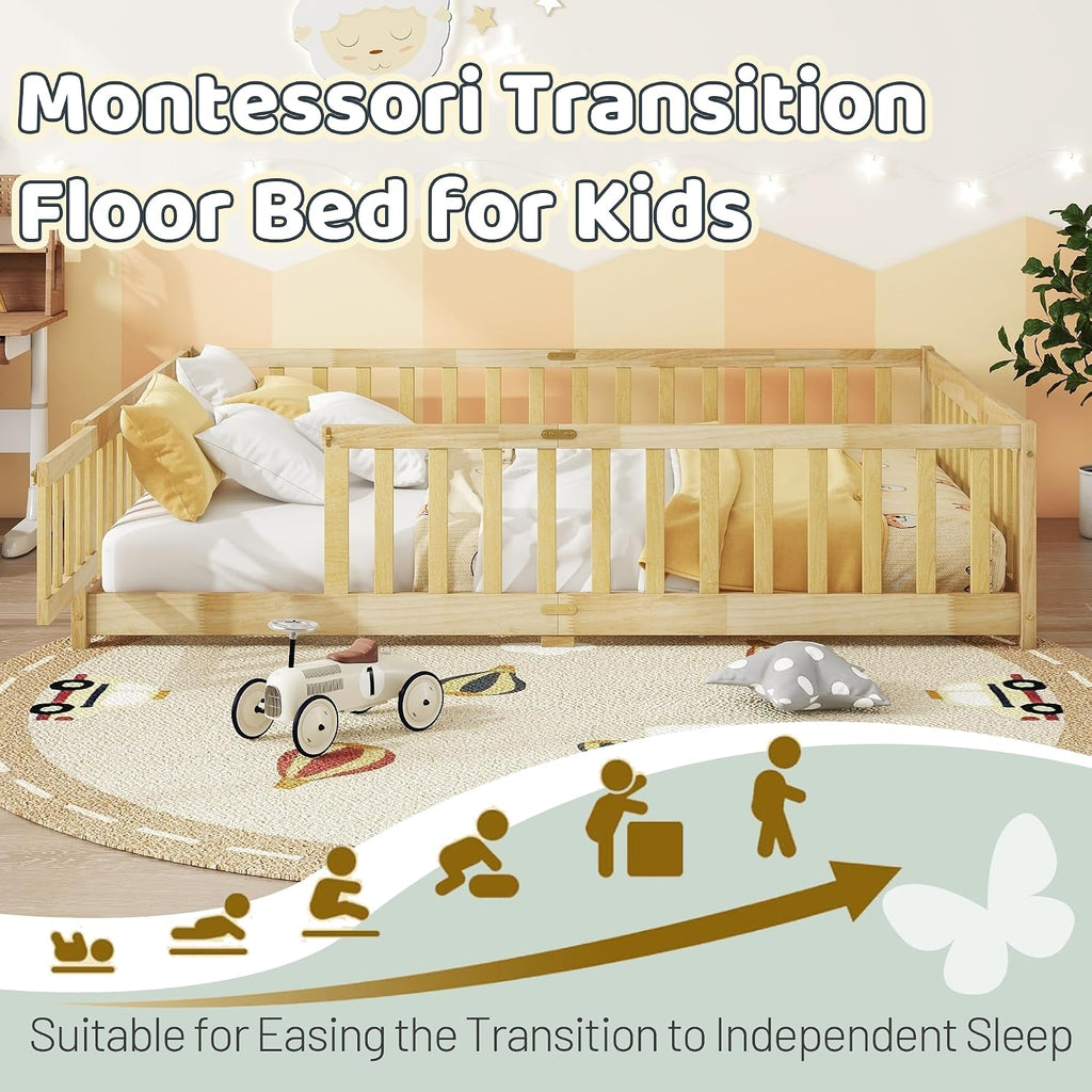 Full Floor Bed with Safety Guardrails for Kids, Rubber Wood Montessori Bed with Slats and Convertible Door,Full Size Bed Frame for Girls and Boys,No Box Spring Needed,Natural