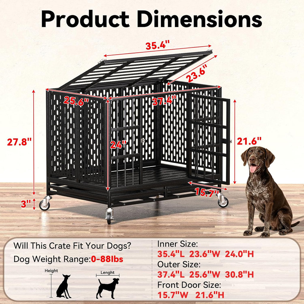 38 Inch Heavy Duty Dog Crate with Wheels,Indestructible Escape-Proof Dog Kennel with Locking Latch and Double Door,Extra Large XL XXL Crate Indoor for Large and Medium Dog with Removable Tray