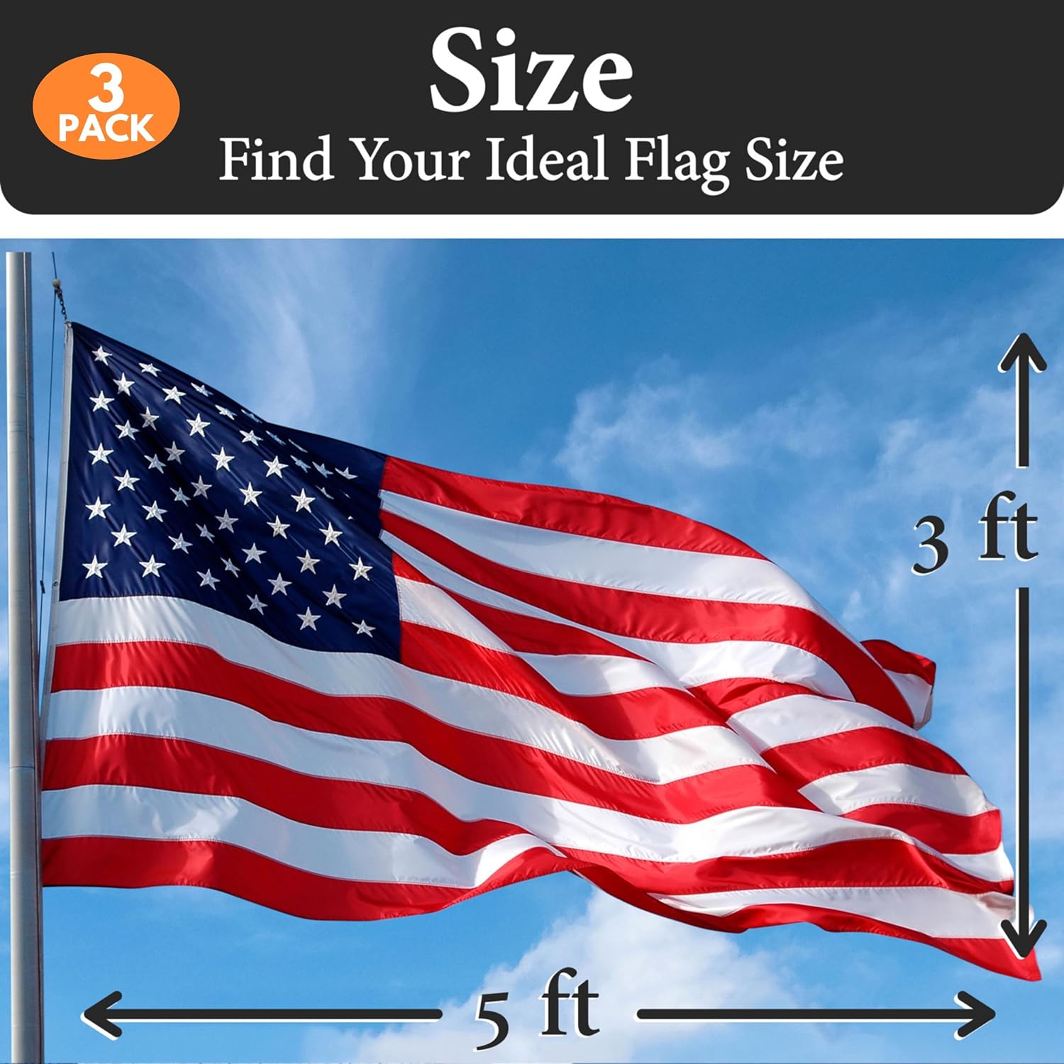 American Flags for Outside 3x5 (Pack of 3) Made in USA - USA Flag, Outdoor Heavy Duty American US Flag with Embroidered Stars and Sewn Stripes American Flags for High Wind- All Weather Flags