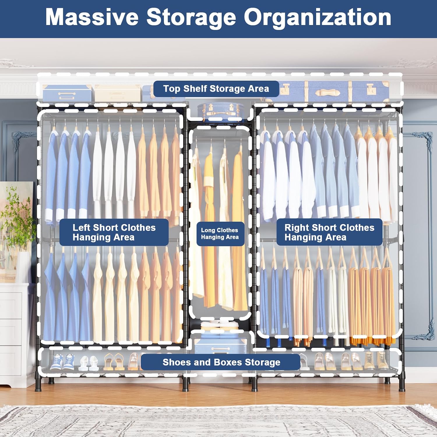 Ulif E10 and E12 Clothes Rack（With Stretchable Hanger Rod）, Heavy Duty Freestanding Garment Rack with Shelves，Metal Clothing Closet Storage System for Hanging Clothes