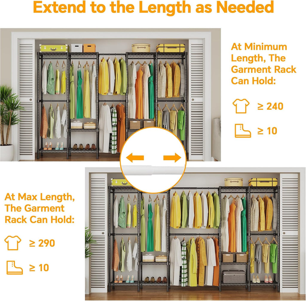 Higeego H5 Pro Heavy Duty Garment Rack, Freestanding Clothes Rack, Wardrobe Closet for Hanging Clothes, Portable Closet Organizer with Expandable Hanger Rods, (97.7-115.4')L x 15.7'W x 75.4'H, Black