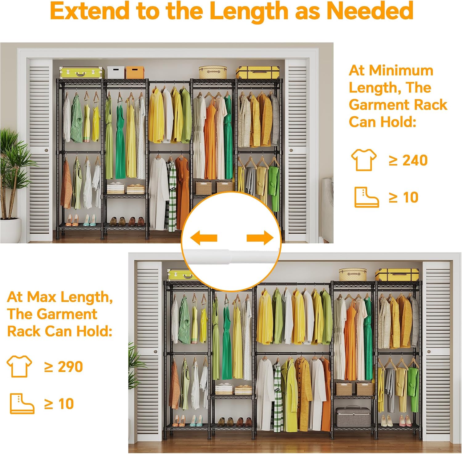 Higeego H5 Pro Heavy Duty Garment Rack, Freestanding Clothes Rack, Wardrobe Closet for Hanging Clothes, Portable Closet Organizer with Expandable Hanger Rods, (97.7-115.4')L x 15.7'W x 75.4'H, Black