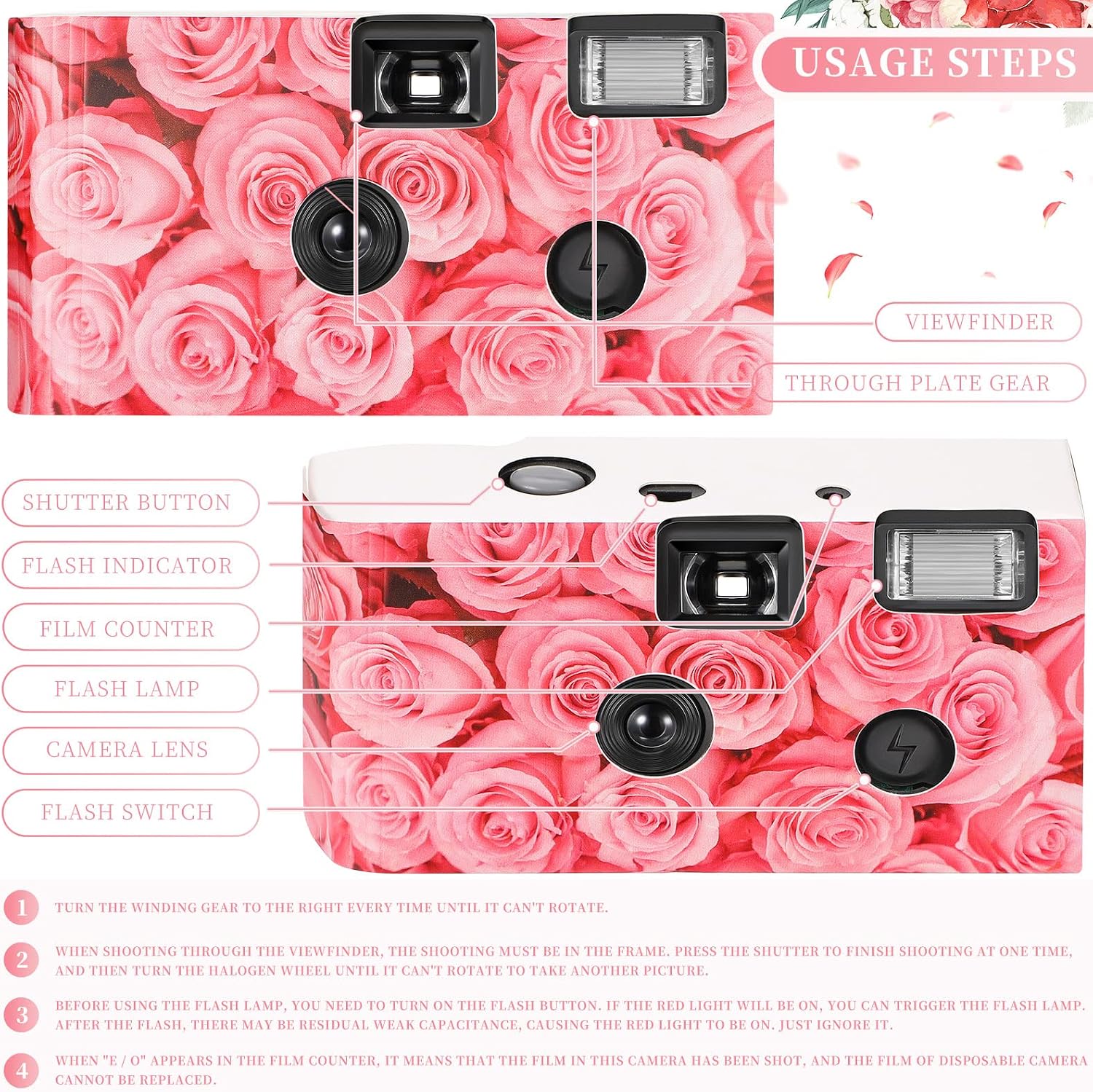 12 Pack Disposable Cameras Bulk for Wedding 35 mm Single Use Film Cameras with Flash for Wedding Reception Guests, Baby Shower, Bridal Shower, Anniversary(Pink Rose)