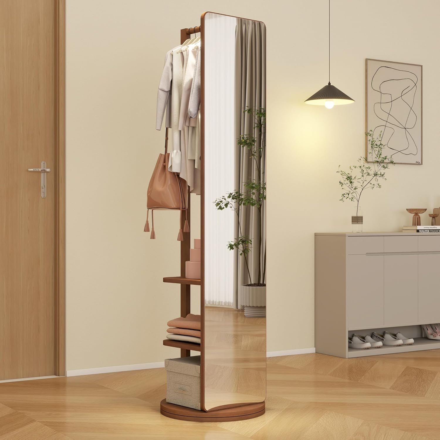 BOWEI Solid Wooden Coat Rack, Free Standing Coat Stand with Full Length mirror, Hall Coat Tree with Hooks and Storage Shelf for Coats, Hats, Bags, for Entryway, Hallway, Bedroom (Walnut)