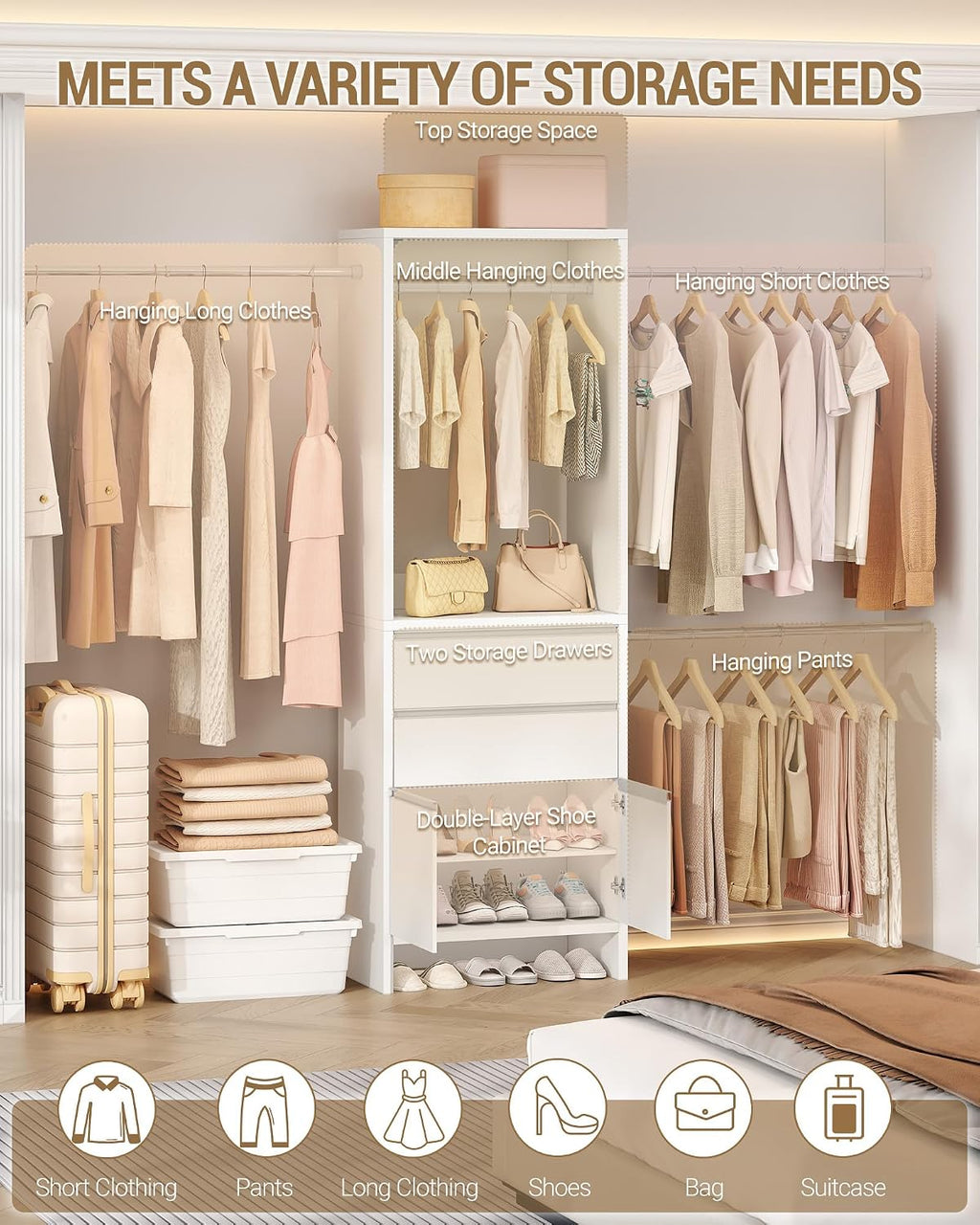 Hzuaneri Closet System with 2 Drawers, Walk-in Closet Organizer System Wooden Storage Systems with 4 Hang Rods & Shoe Cabinet, Fits Spaces 4-9.8FT, Wardrobe Clothes Rack Garment Rack, White MC00103E