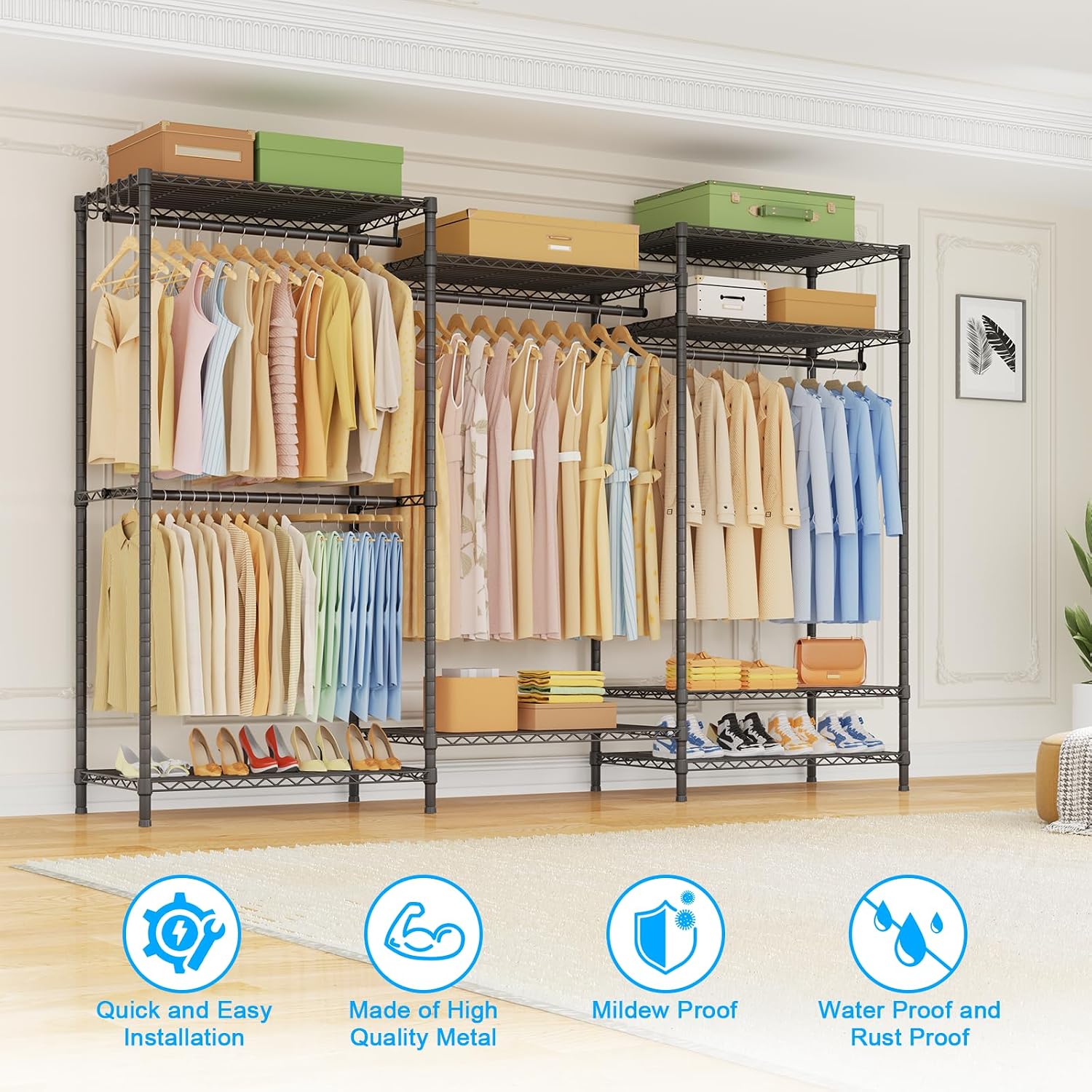 Ulif E13 Pro Heavy Duty Clothes Rack（With 4 Hanger Rods & 8 Shelves） Freestanding Clothing Racks for Hanging Clothes，Adjustable Closet，Metal Garment Rack 75' W x16 D x77 H，Max Load 1000LBS，Black