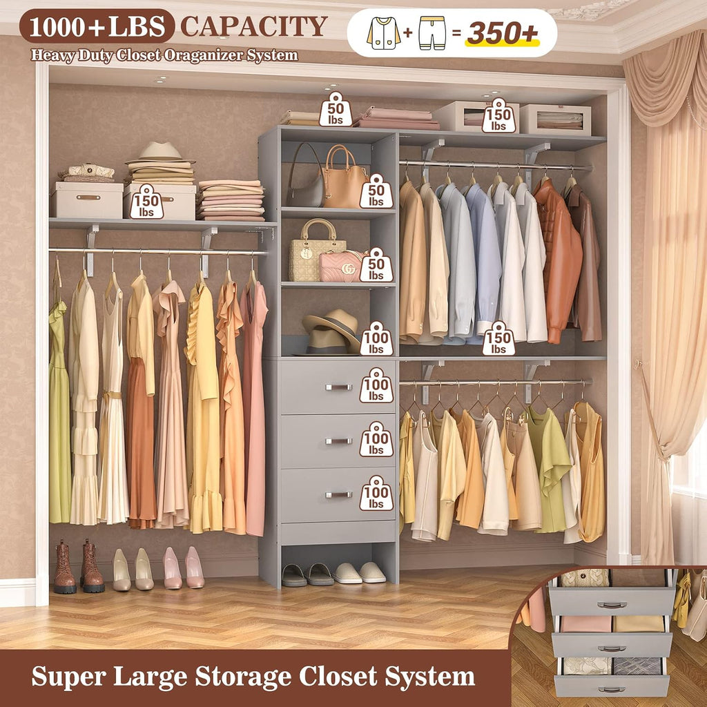 iSunirm 8FT Closet System, 96'' Closet Organizer System with 3 Hanging Rods, Wall Mount Bedroom Wardrobe with 3 Drawers Walk-in Closet, Adjustable Cloth Garment Rack from 5 to 8FT (Cut to Fit), Grey