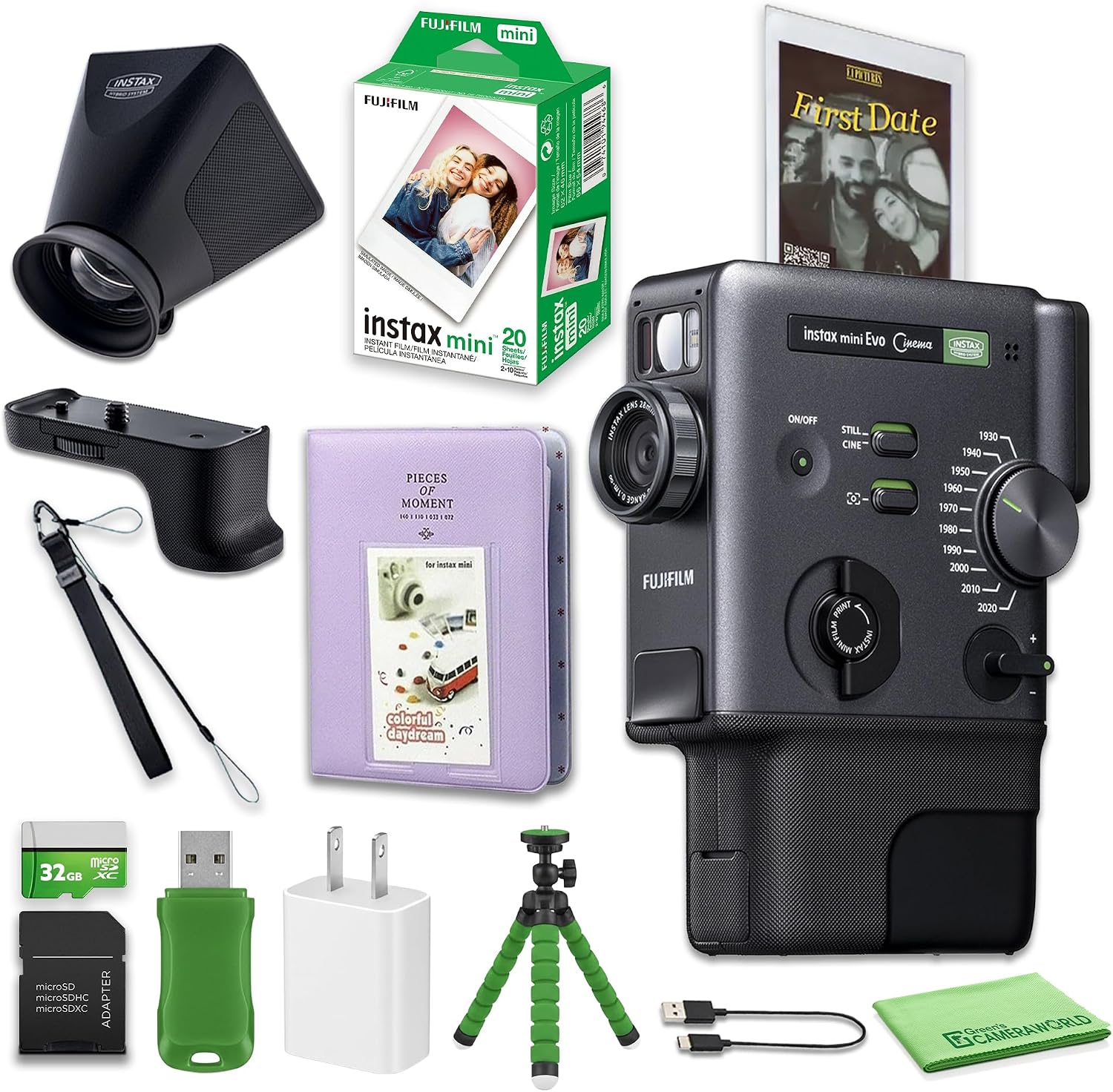 FUJIFILM instax mini Evo Cinema Hybrid Instant Camera Gift Bundle with Viewfinder Grip + Album + Tripod + 32GB Card + USB Reader and 20-Photo Instax Mini Film