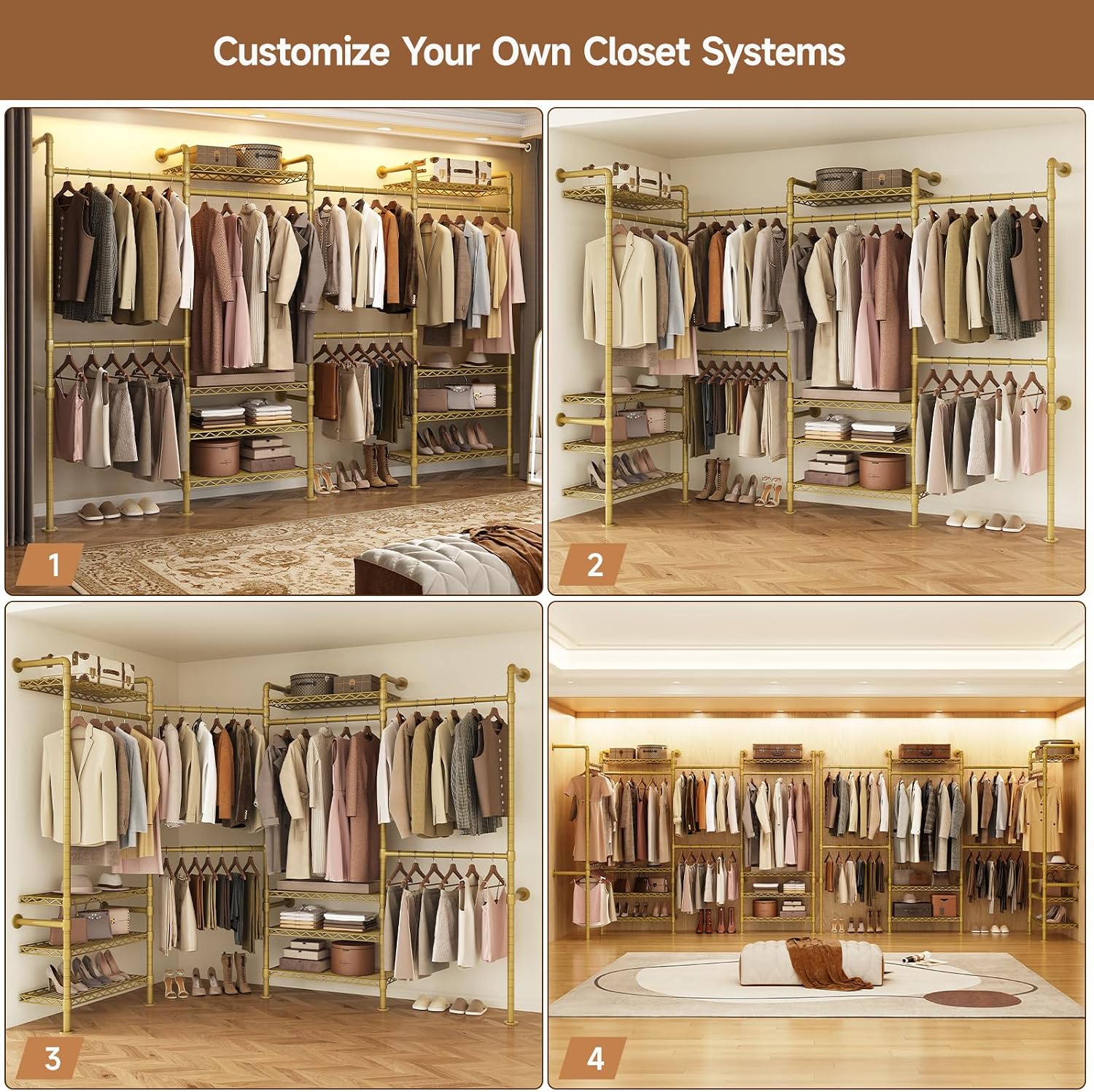 ComfyCorner Wall Mounted Garment Rack, Industrial Pipe Metal Clothing Rack with 6 Hanging Rods (4 Expandable) & 8 Shelves, Closet Organizers and Storage System for Bedroom, Walk in Closet