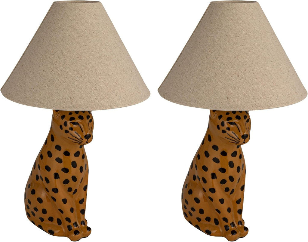 Creative Co-Op Ceramic Cheetah Table Lamp with Linen Shade and Inline Switch, Yellow and Black, Set of 2