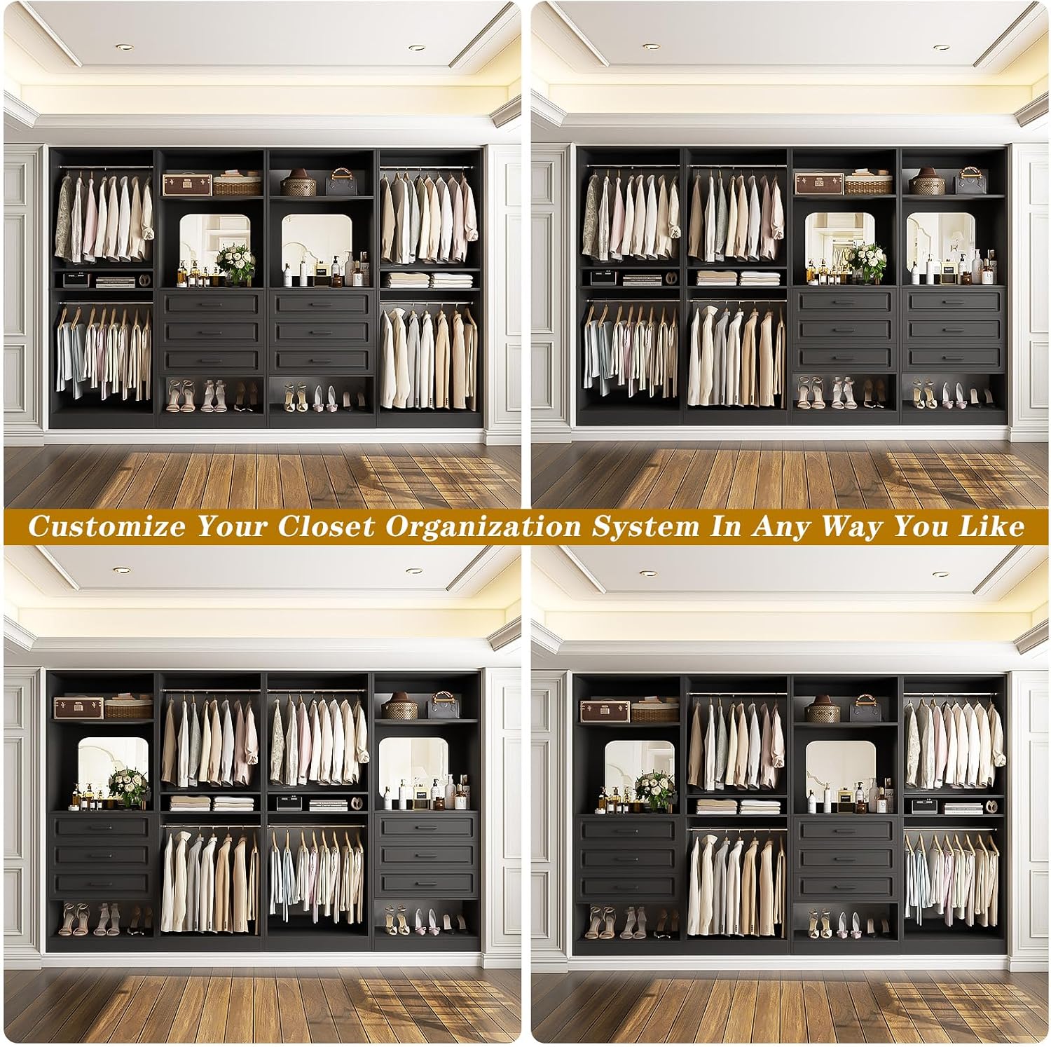 Unikito Closet System with Drawers, 100' Wood Closet Organizer with Hanging Rods and Mirror, Large Walk in Wardrobe Garment Rack with Adjustable Shelves, Sturdy Freestanding Closet Tower, Black