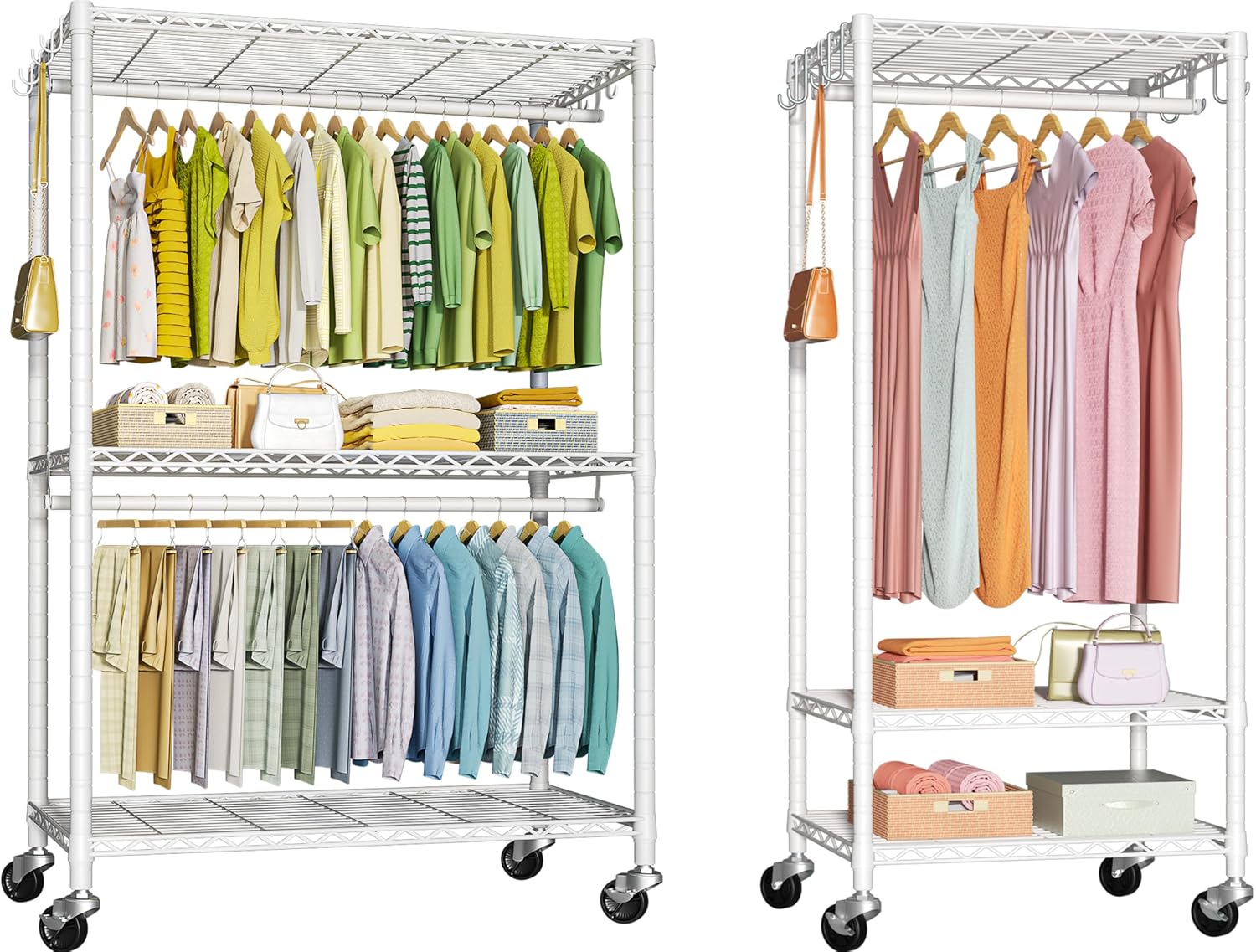 FUTASSI P3 Plus & P6 Mini Rolling Clothes Rack White Bundle, Clothing Racks for Hanging Clothes, Freestanding Garment Rack with Wheels
