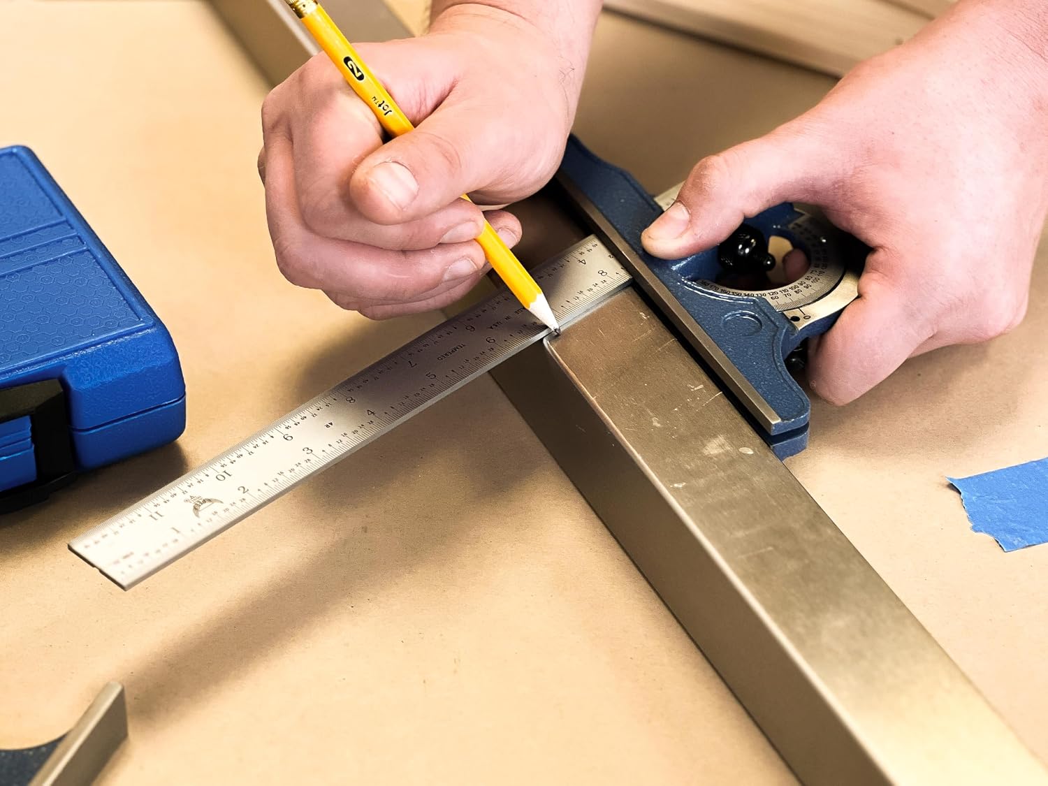PEC Tools 4-Piece Combination Square - 12 Inch Blade (4R) with Cast Iron Protractor, Center Finder, Square Head with Level Vial & Scribe Tool - Metal Working, Carpentry, Woodworking - Made in USA
