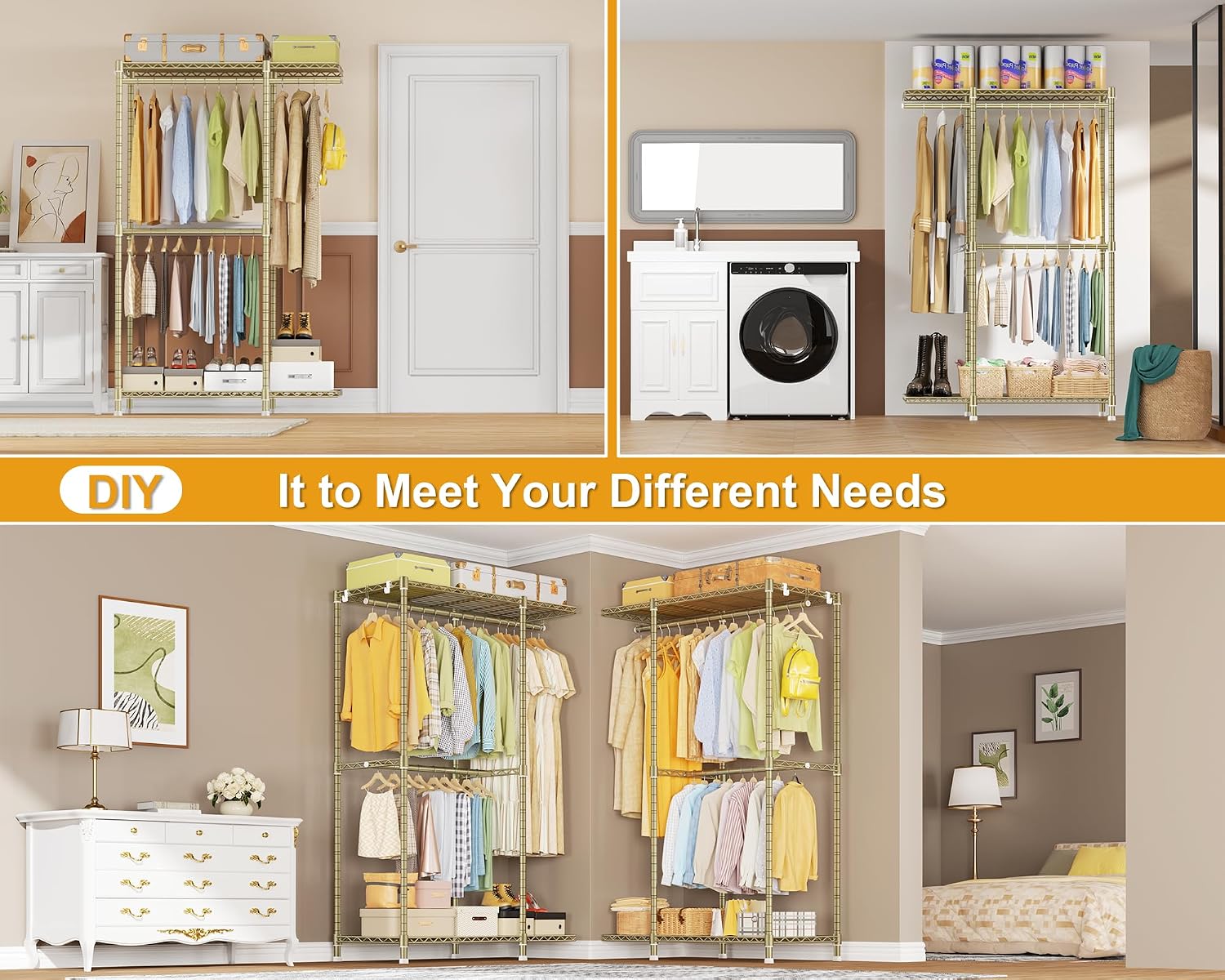 ULIFHOME E14 Pro Heavy Duty Clothes Rack，Freestanding Clothing Racks for Hanging Clothes，Adjustable Closet Organizers and Storage，Metal Garment Rack with Shelves 69'W x16'D x77'H，Max Load 960LBS，Gold