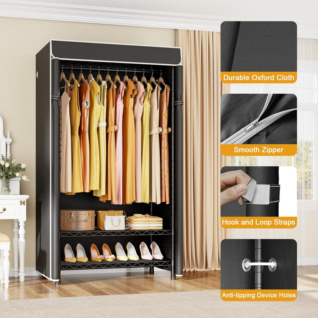 LIFHOME H5C & H50C Clothes Rack with Cover, Portable Closet for Hanging Clothes, Covered Clothing Racks Heavy Duty, Freestanding Garment Racks with Shelves, Black Closet Rack with Black Cover