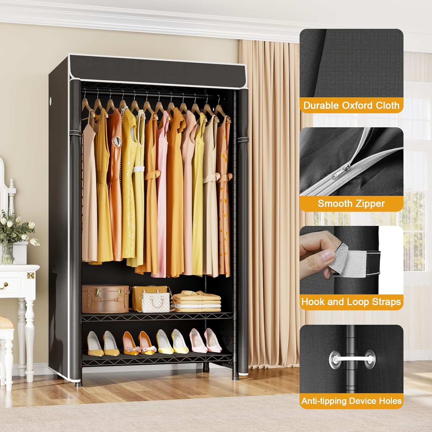 LIFHOME H5C & H50C Clothes Rack with Cover, Portable Closet for Hanging Clothes, Covered Clothing Racks Heavy Duty, Freestanding Garment Racks with Shelves, Black Closet Rack with Black Cover