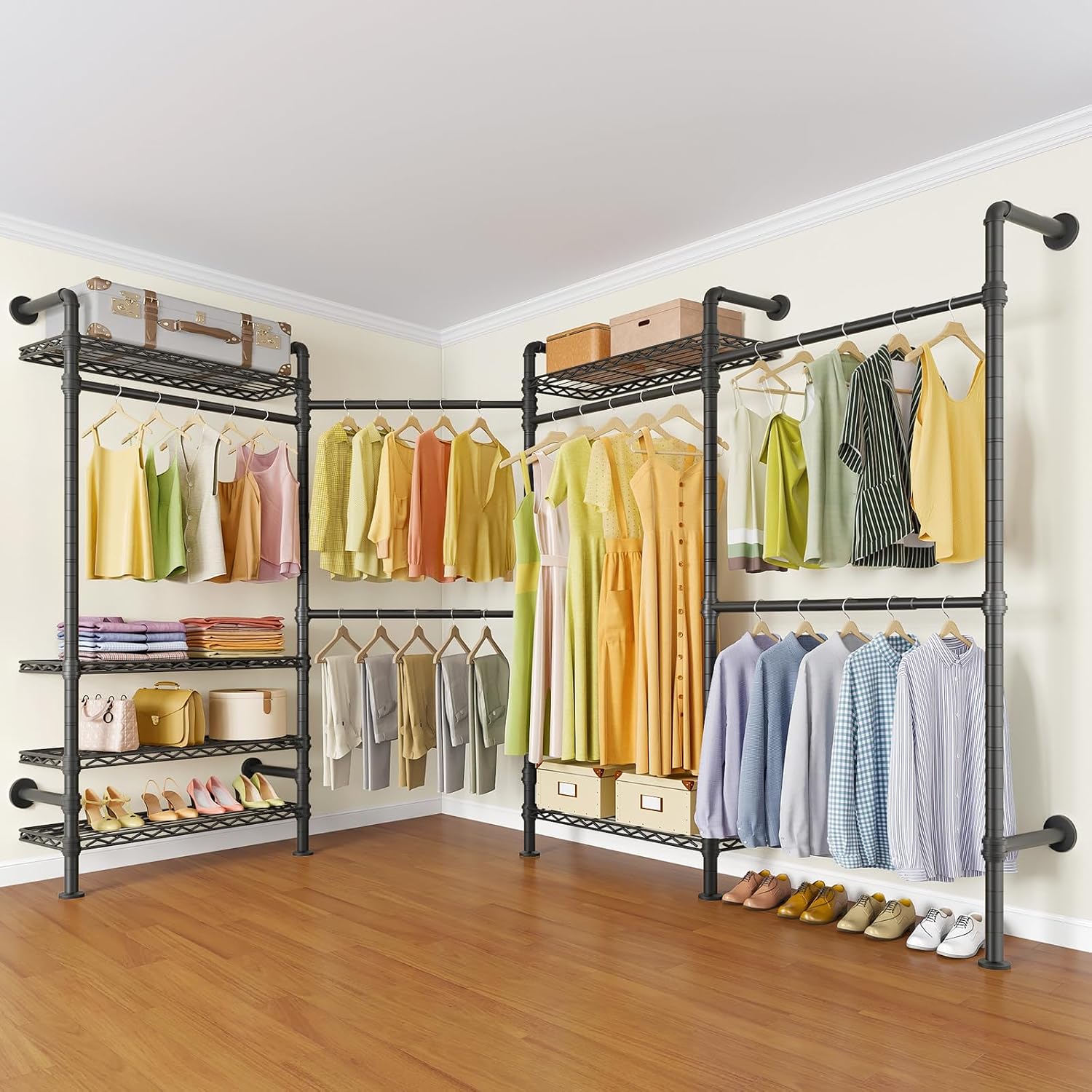 Timate L4 L Shape Garment Rack Heavy Duty Clothes Racks for Hanging Clothes, Expandable Industrial Pipe Clothing Rack Wall Mounted Closet Racks Wardrobe Closet Kit Corner Closet System, Black