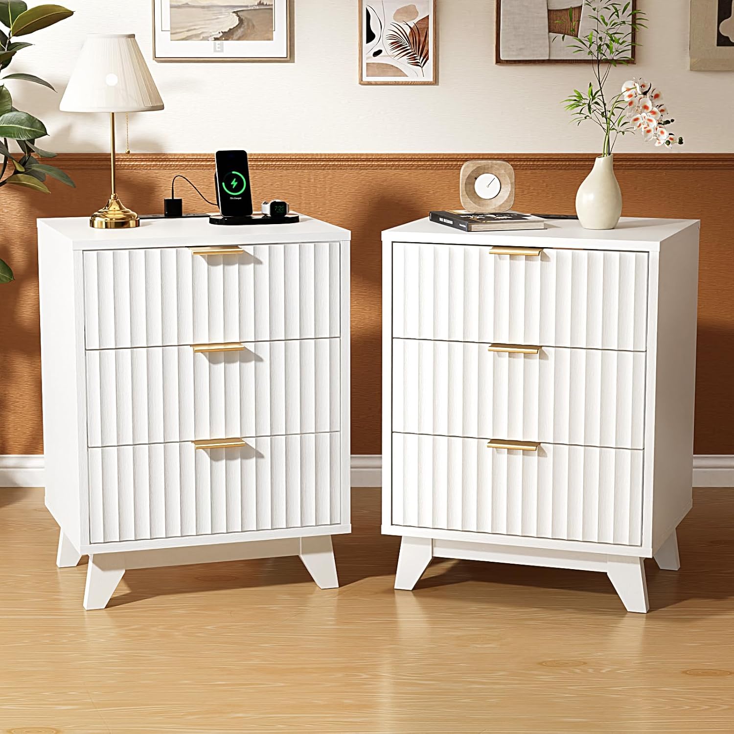 VINGLI White Nightstands Set of 2 with Charging Station, Fluted White Night Stand Bedside Table with Drawers for Bedroom, Fluted Bedside Table/End Table/Side Table, 17.72' W*13.78' D*23.62' H, 2 pcs