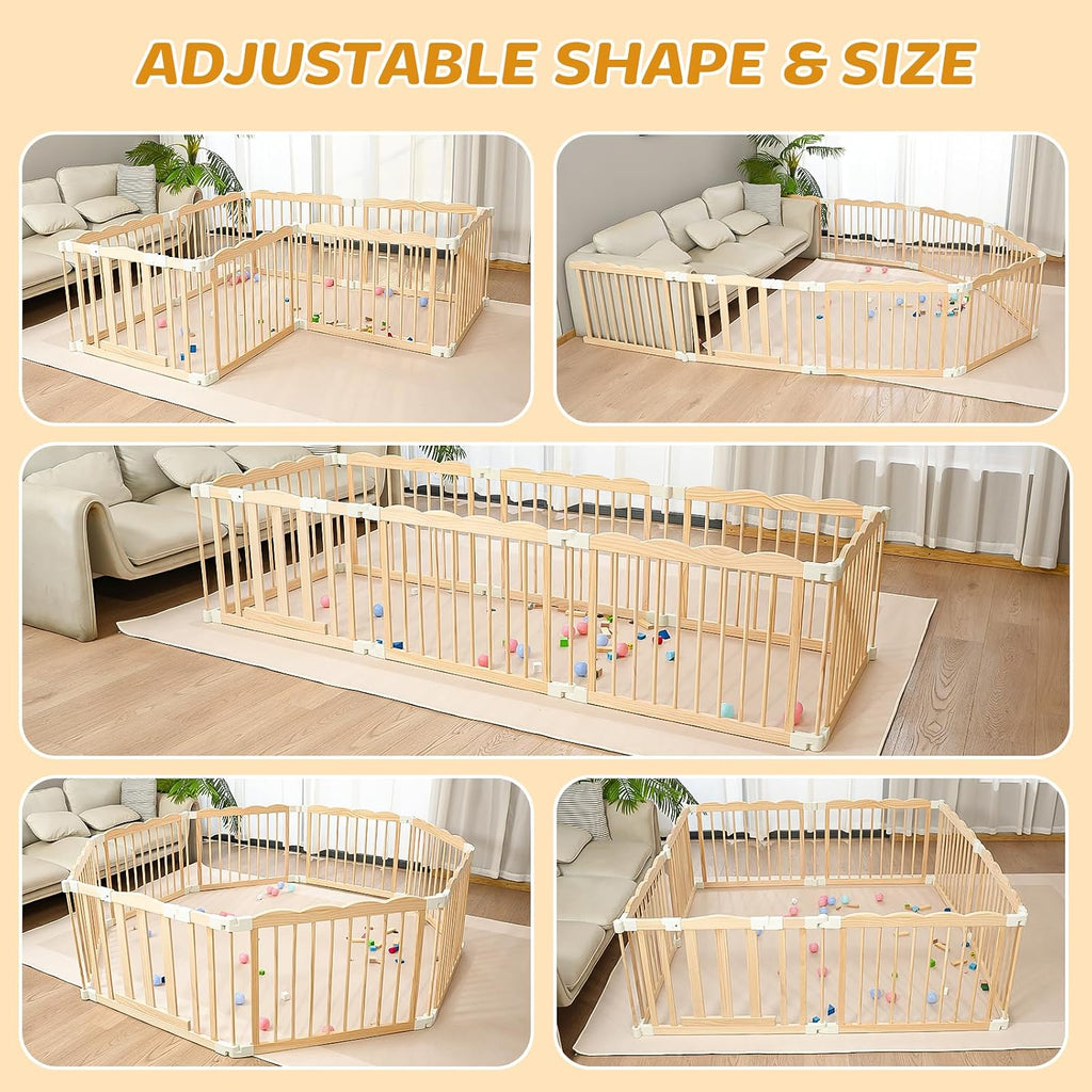 Natural Wood Baby Playpen for Babies and Toddlers Portable Infant Play pens for Kids Extra Large Toddler Wood Fence Play Area with Child Proof Lock 69x69x24Inch