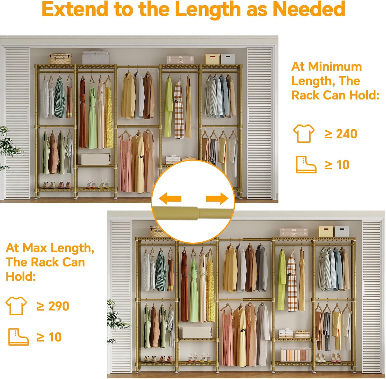 Higeego H5 Pro Heavy Duty Clothes Rack Wardrobe Closet for Hanging Clothes, Freestanding Garment Rack with Expandable Hanger Rods, Closet Organizer and Storage, (97.7-115.4')L x 15.7'W x 75.4'H, Gold