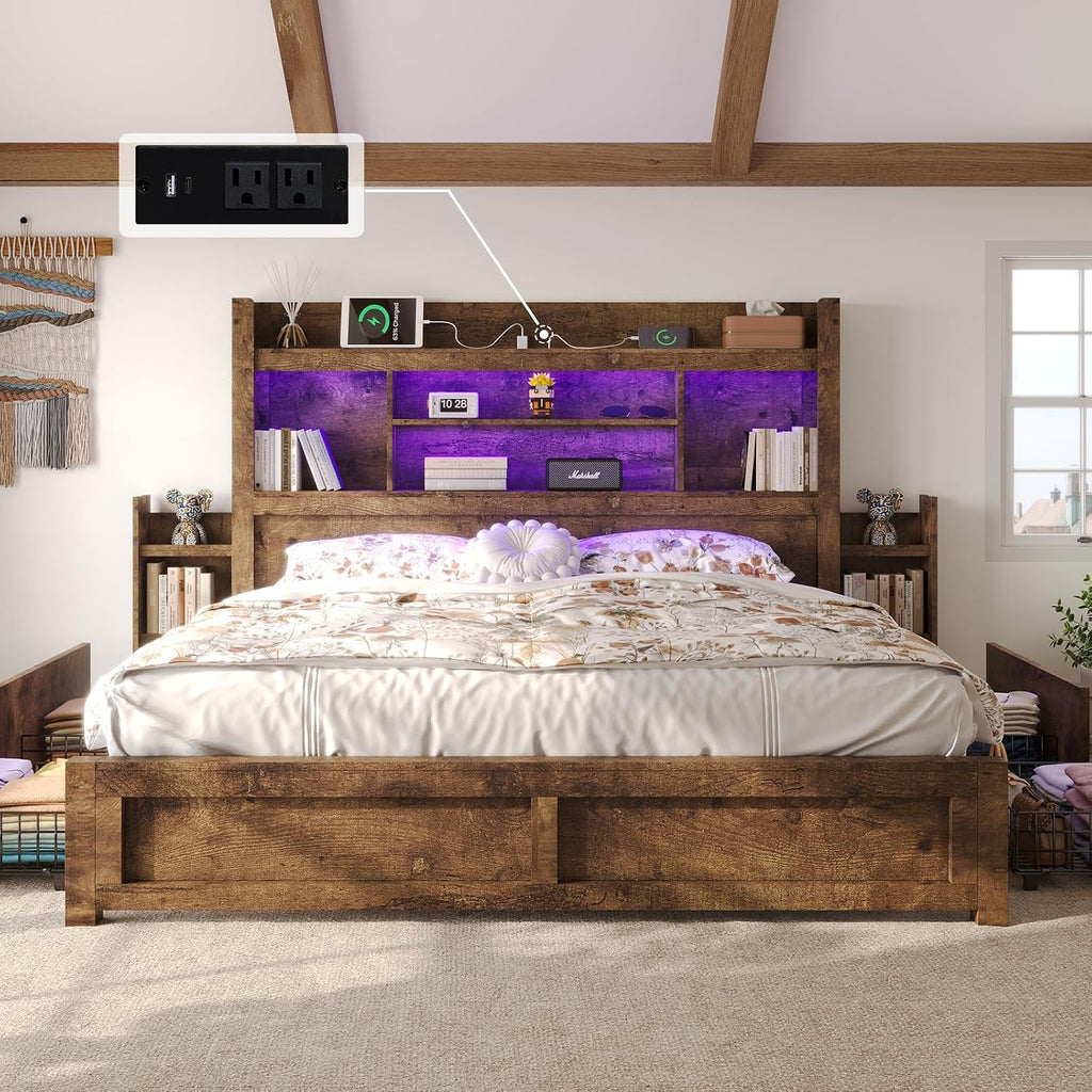 LUXOAK King Bed Frame with 49.6' Bookcase Headboard & 2 Bedside Stoage Racks & 4 Drawers, Farmhouse Wood Bed Frame with RGB LED & Charging Station, No Box Spring Needed, Rustic Brown