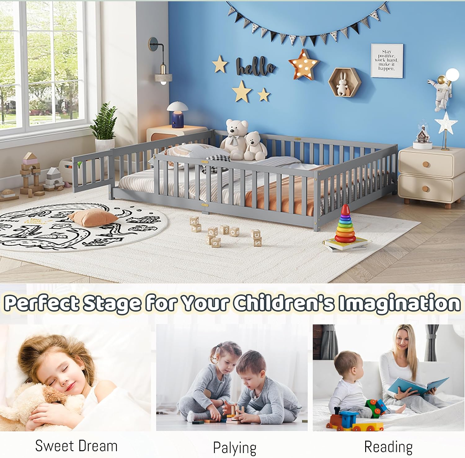 Queen Floor Bed with Safety Guardrails for Kids, Rubber Wood Montessori Bed with Slats and Convertible Door,Queen Size Bed Frame for Girls and Boys,No Box Spring Needed,Grey