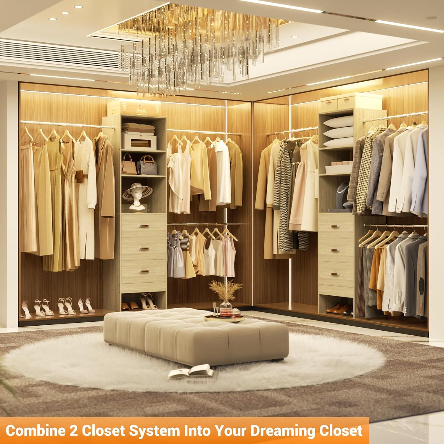 Homieasy 96 Inches Closet Organizer System, 8FT Customizable Walk In Closet Organizer with Hanging Rods, 3 Leather Handle Drawers Garment Rack, 96' L x 16' W x 75' H, Max Load 1000 LBS, White Oak