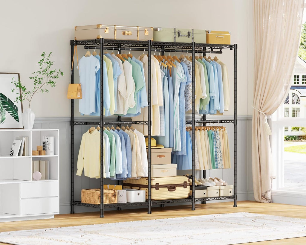 ULIFHOME E14 Heavy Duty Clothes Rack，Freestanding Clothing Racks for Hanging Clothes，Adjustable Closet Organizers and Storage，Metal Garment Rack with Shelves 58' W x16 D x77 H，Load 860LBS，Black