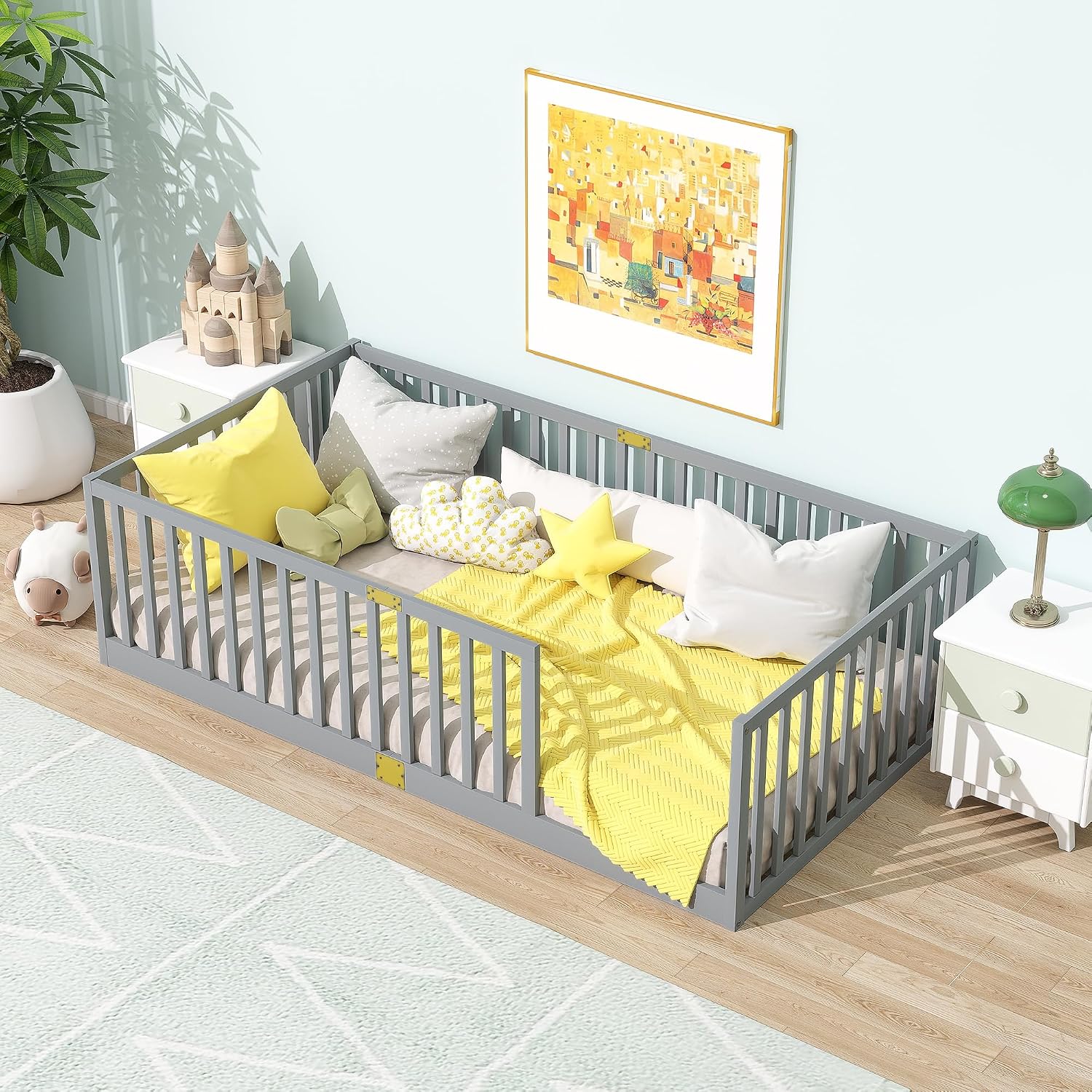 Twin Size Floor Bed with 21.5' High Rails, Solid Rubber Wood Montessori Bed Twin for Boys Girls, Low Profile Kids Beds Frame with 6 Slats, No Box Spring Needeed, Grey