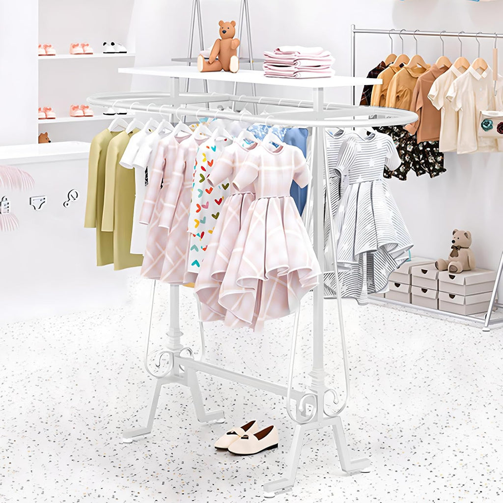 Round Clothing Rack, Commercial Floor Standing Clothes Hanging Rack, for Bedrooms Oval Iron Hanging Apparel, Boutiques Display, Laundry Room (White)