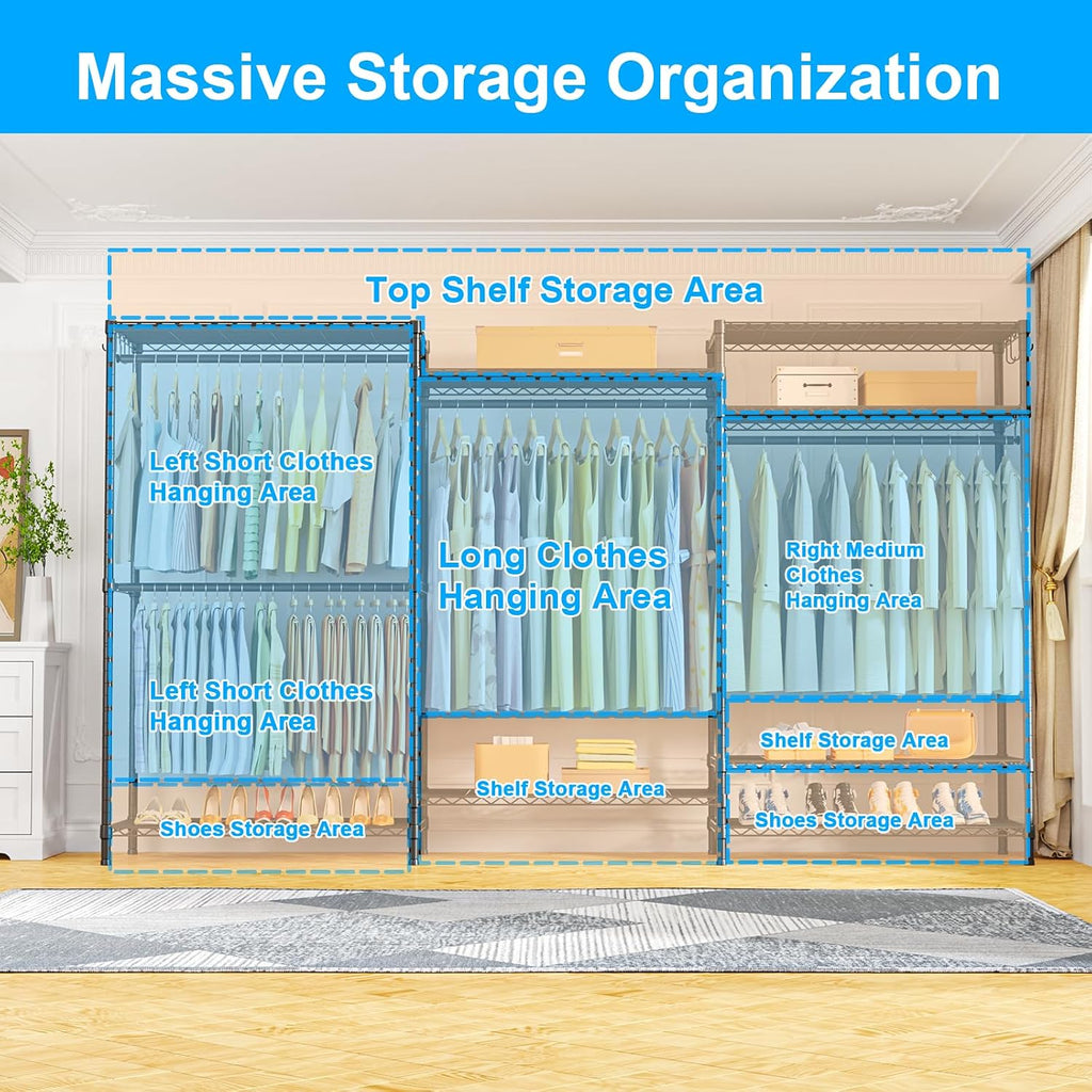 Ulif E13 Max Heavy Duty Clothes Rack（With 4 Hanger Rods & 8 Shelves） Freestanding Clothing Racks for Hanging Clothes，Adjustable Closet，Metal Garment Rack 86' W x16 D x77 H，Max Load 1100LBS，Black