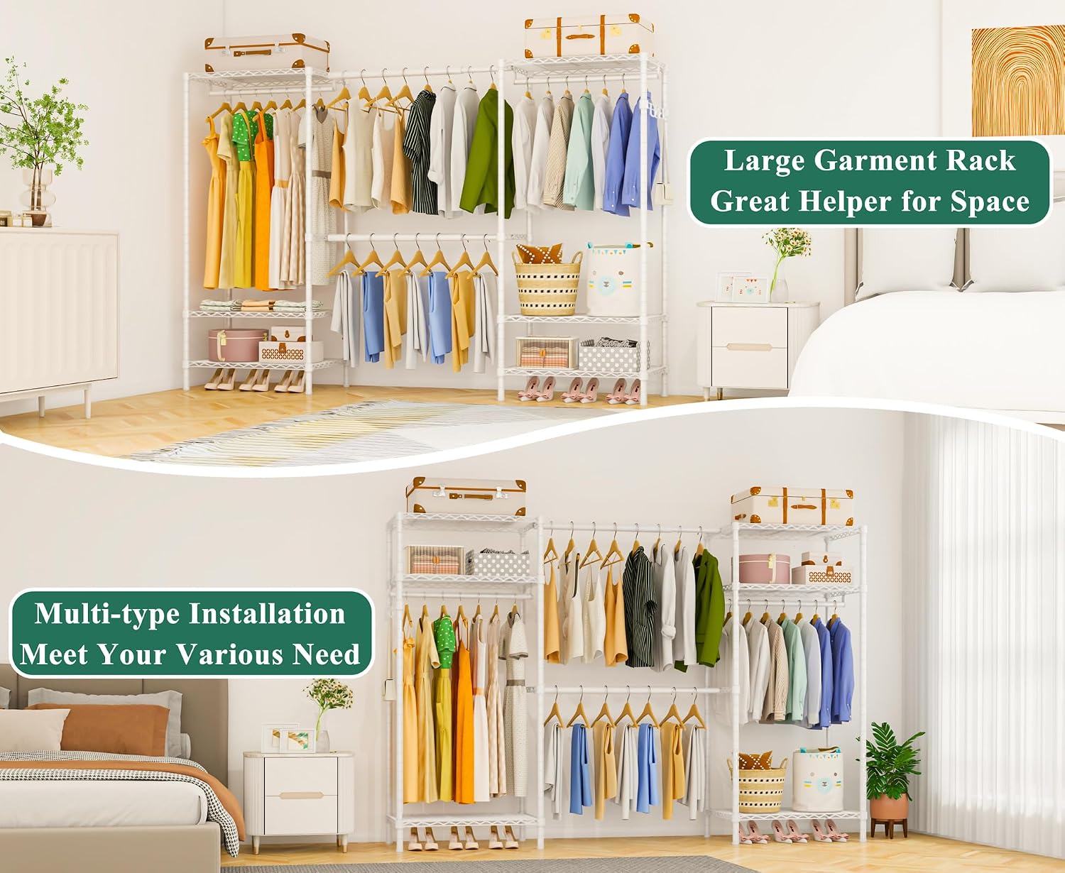Heavy Duty Garment Rack, Portable Expandable Freestanding 4 Tiers Adjustable Wire Shelves Clothes Rack with 2 Retractable Poles, 70.9-86.6' L x 15.7' W x 76.8' H, Max Load 900LBS, White
