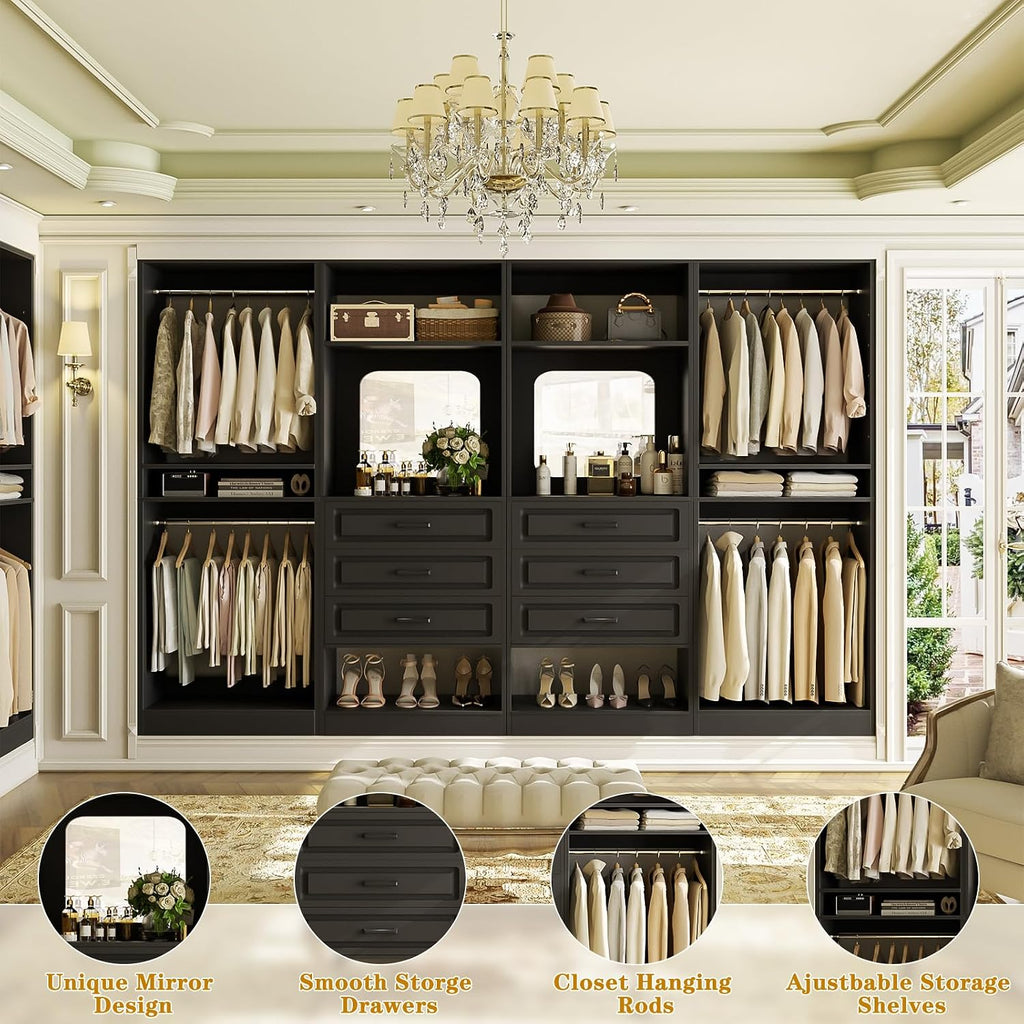 Unikito Closet System with Drawers, 100' Wood Closet Organizer with Hanging Rods and Mirror, Large Walk in Wardrobe Garment Rack with Adjustable Shelves, Sturdy Freestanding Closet Tower, Black
