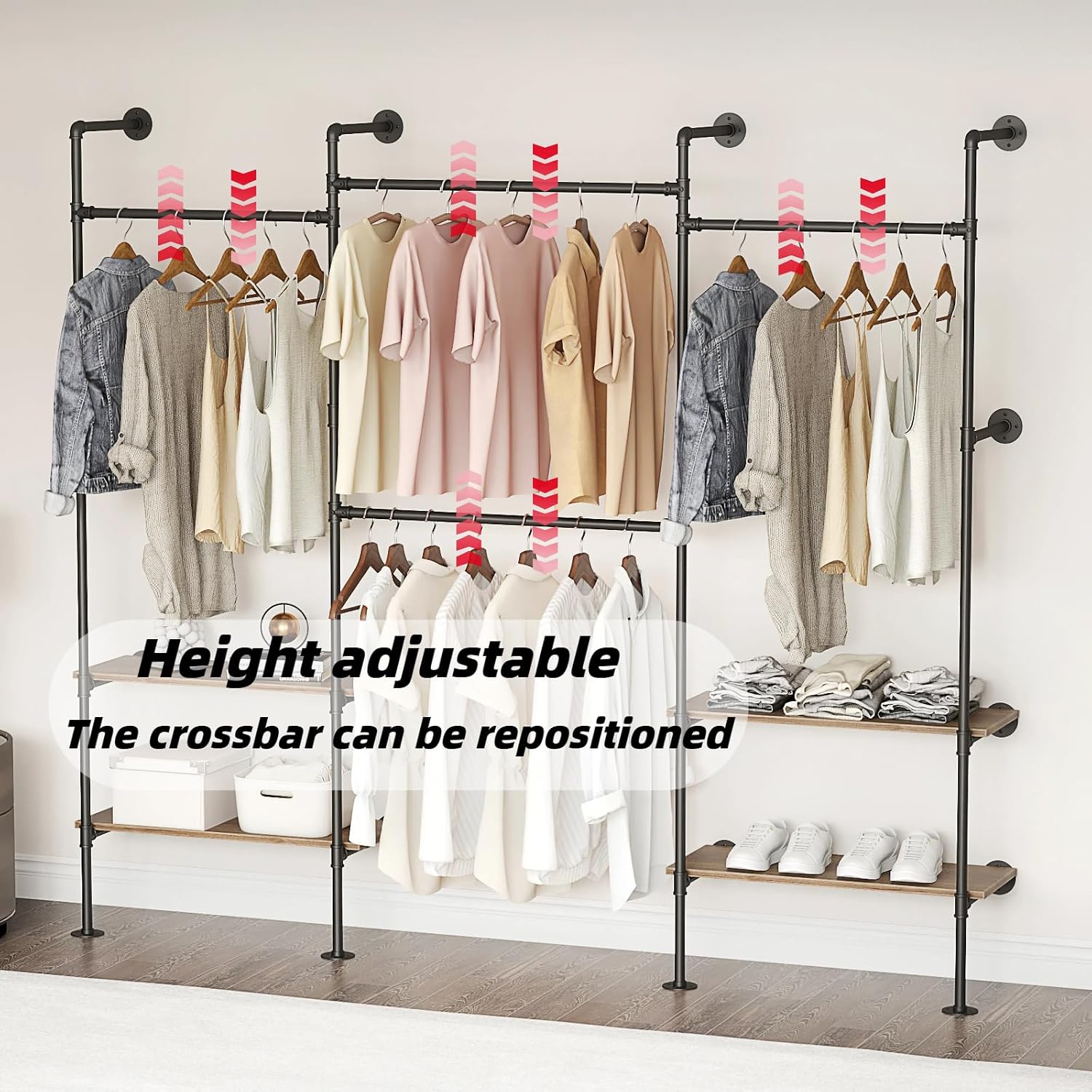 Industrial Pipe Clothing Rack, Wall Mounted Clothes Rack for Hanging Clothes, Retail Display Rack with Shelves, Add Corner installation Method (Black, III-2Tier)