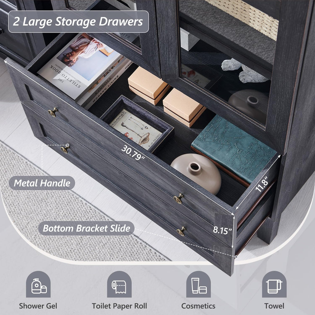 71' Tall Arched Bathroom Storage Cabinet, 4-Tier cabinet w/2 Large Drawers &Adjustable Shelves, Wooden Bathroom Floor cabinets w/Glass Doors, Modern Farmhouse Versatile Cabinets for bathroom,Dark Grey