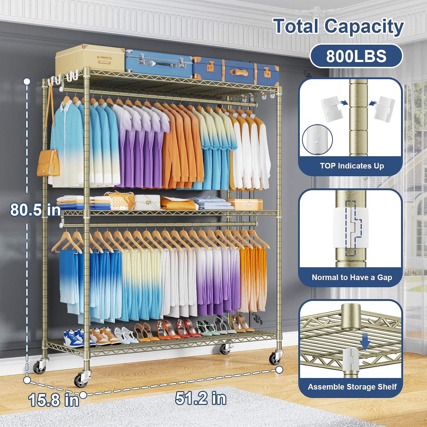 ULIFHOME P8 Max Heavy Duty Clothes Rack（With Extended Width Design） Rolling Clothing Racks for Hanging Clothes，Portable Garment Rack with Lockable Wheels，51.2' W x 15.8' D x 80.5' H，Load 700LBS，Gold