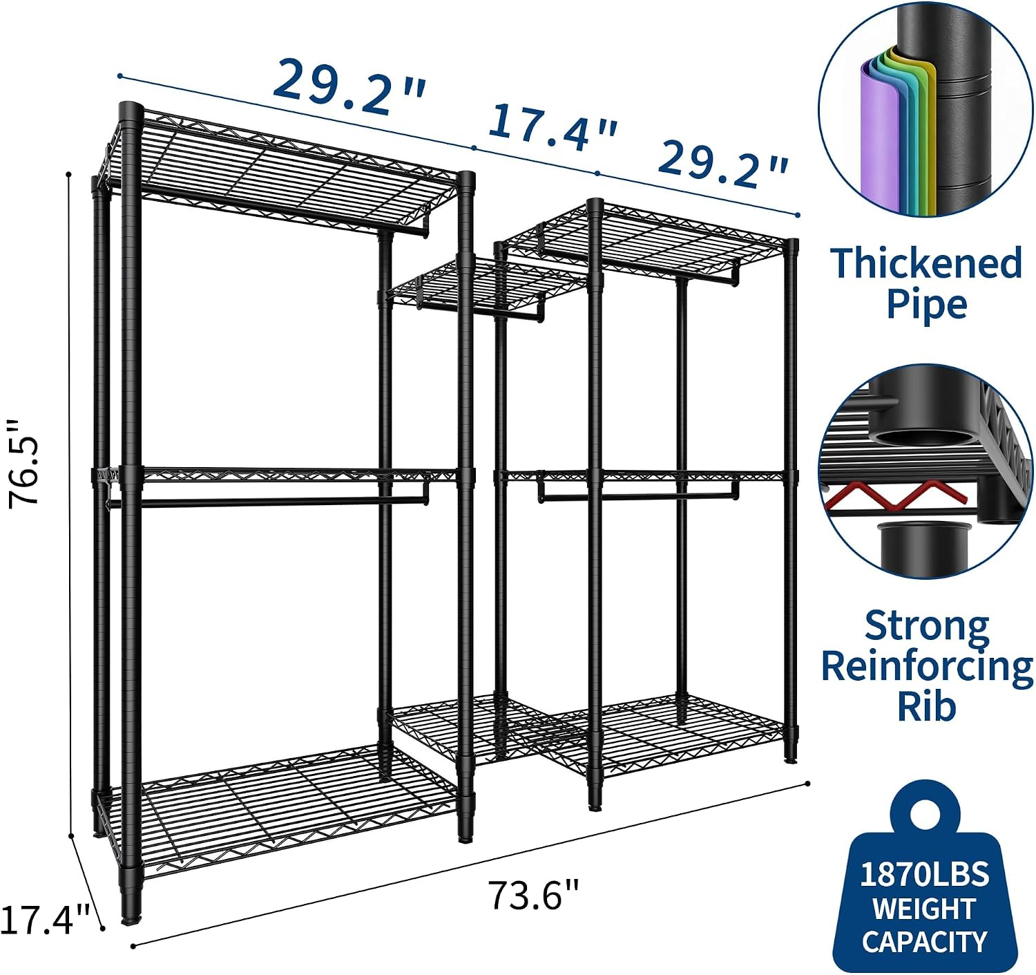 Freestanding Heavy Duty Garment Rack with Adjustable Shelves and Hanging Rods, Large 1870 Lbs Capacity Portable Closet Organizer for Bedroom or Cloakroom Storage, Black