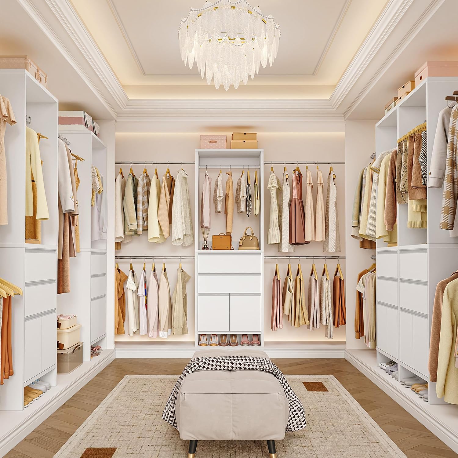 Hzuaneri Closet System with 2 Drawers, Walk-in Closet Organizer System Wooden Storage Systems with 4 Hang Rods & Shoe Cabinet, Fits Spaces 4-9.8FT, Wardrobe Clothes Rack Garment Rack, White MC00103E