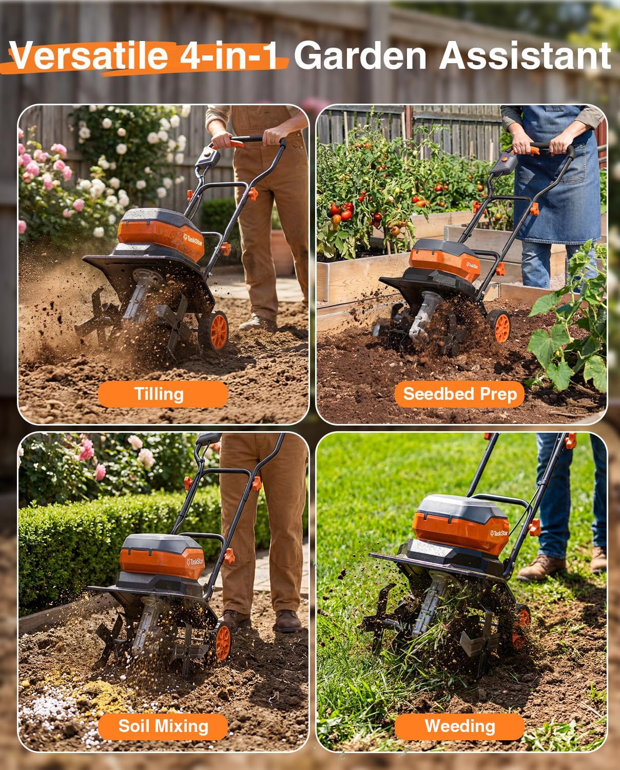 12 Inch Electric Tiller Cultivator, 40V Cordless Tiller for Gardening with 2 * 5.0 Ah Batteries, 8 Inch Depth Rototillers Battery Powered with Adjustable Wheels for Lawn Yard Weeding Soil Cultivation