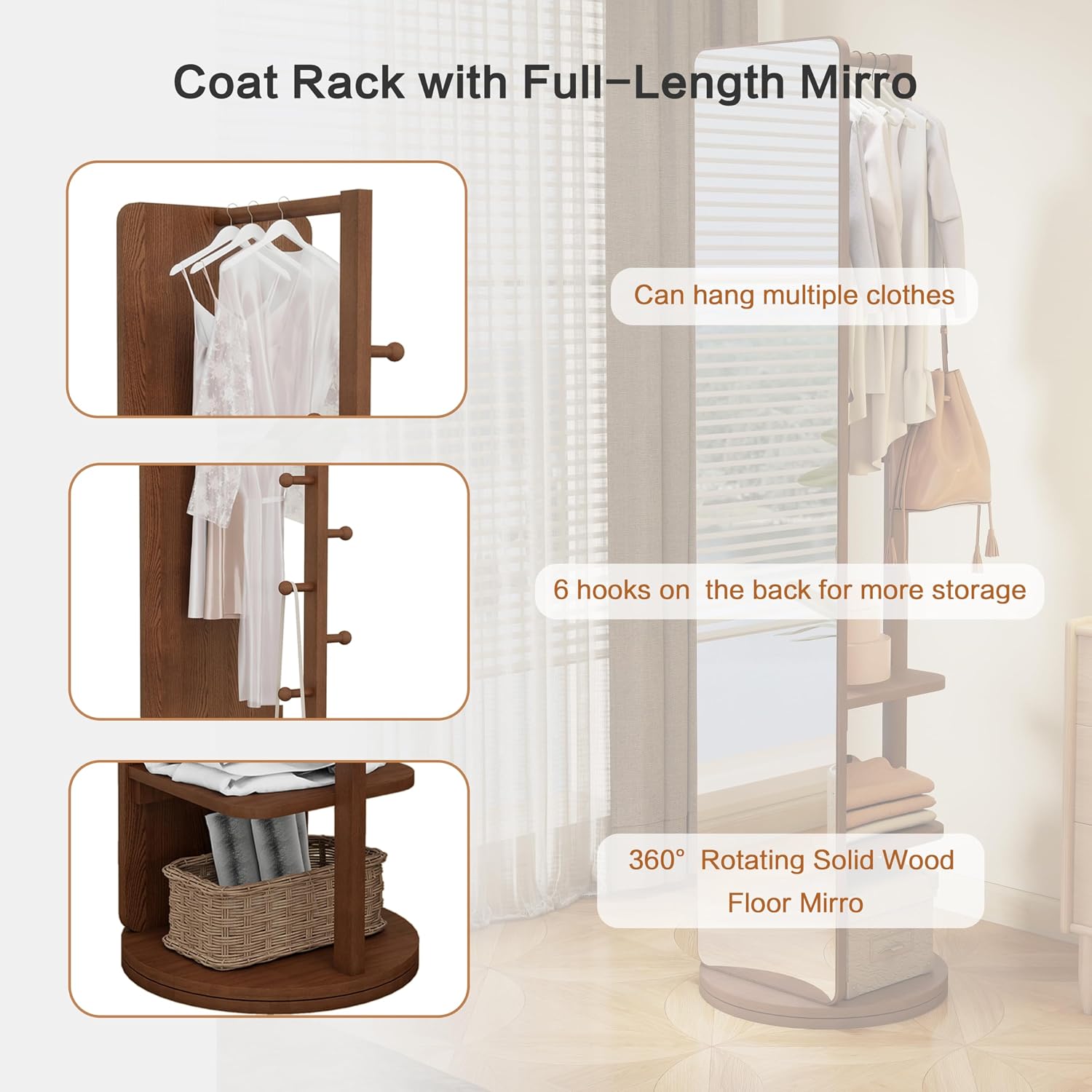 BOWEI Solid Wooden Coat Rack, Free Standing Coat Stand with Full Length mirror, Hall Coat Tree with Hooks and Storage Shelf for Coats, Hats, Bags, for Entryway, Hallway, Bedroom (Walnut)